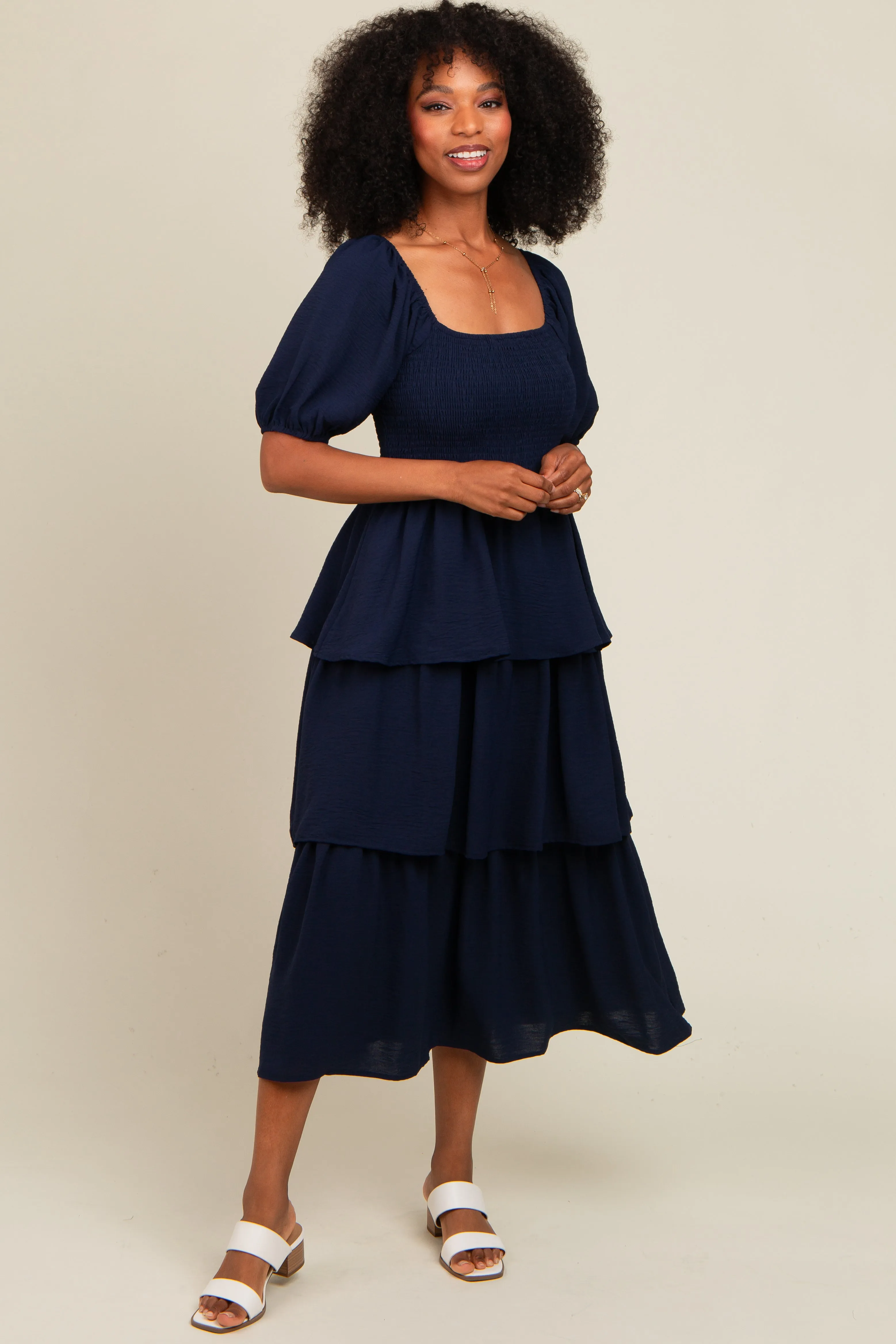 Navy Smocked Body Ruffled Tiered Midi Dress sold by Pinkblush product image thumbnail 2