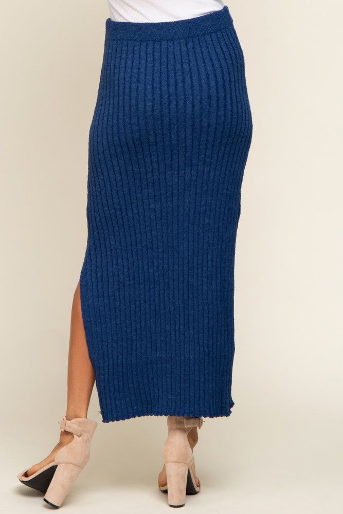 Navy Blue Ribbed Side Slit Sweater Midi Skirt sold by Pinkblush product image thumbnail 4