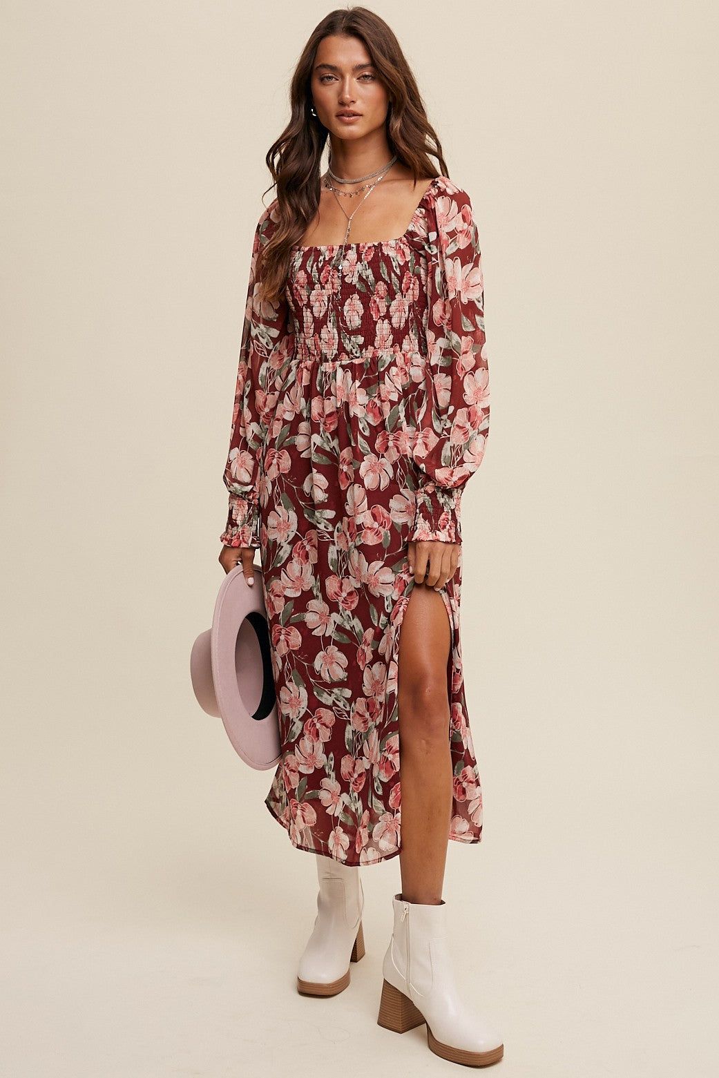 Magenta Floral Print Smocked Square Neck Maxi Dress sold by Pinkblush product image thumbnail 2