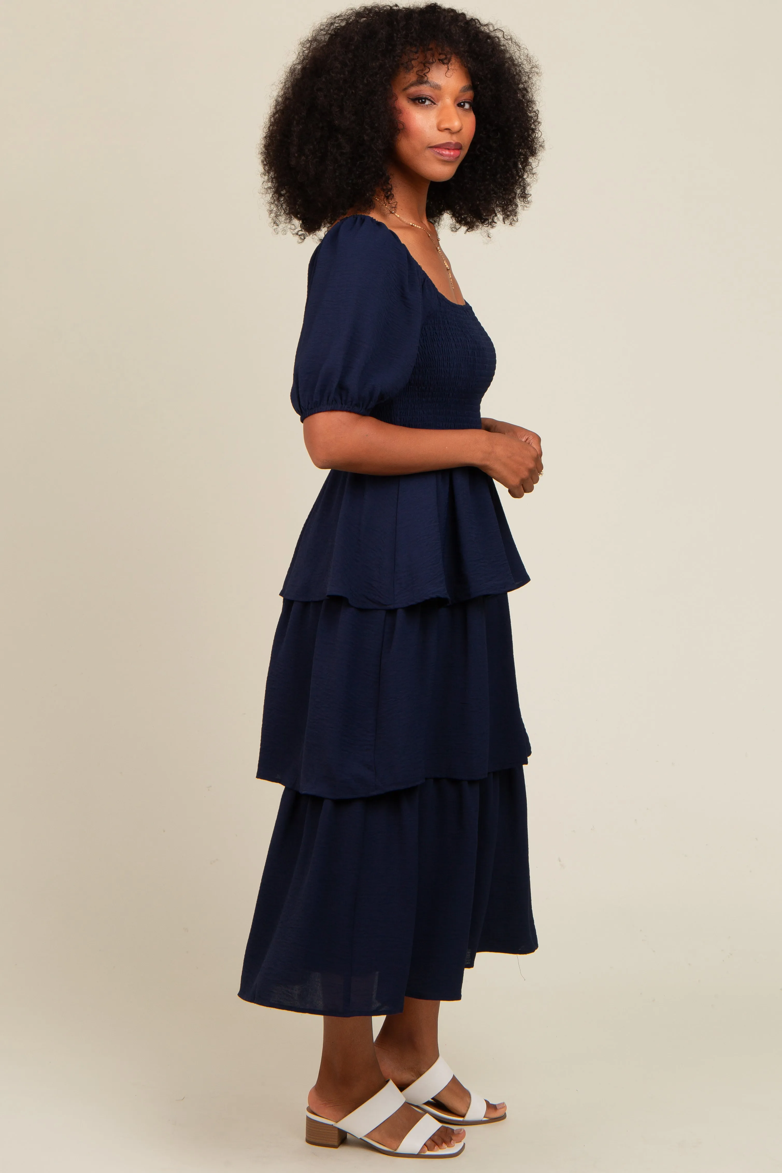 Navy Smocked Body Ruffled Tiered Midi Dress sold by Pinkblush product image thumbnail 3