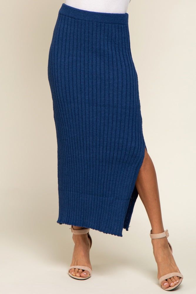 Navy Blue Ribbed Side Slit Sweater Midi Skirt sold by Pinkblush product image thumbnail 2