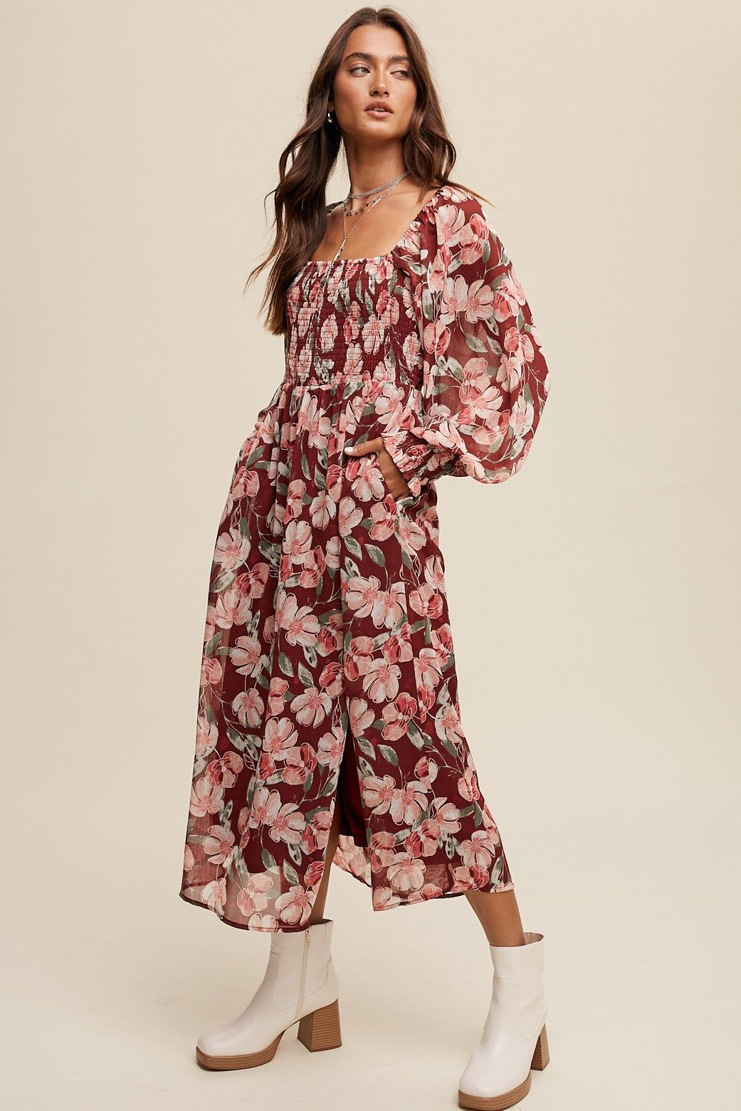 Magenta Floral Print Smocked Square Neck Maxi Dress sold by Pinkblush product image thumbnail 3