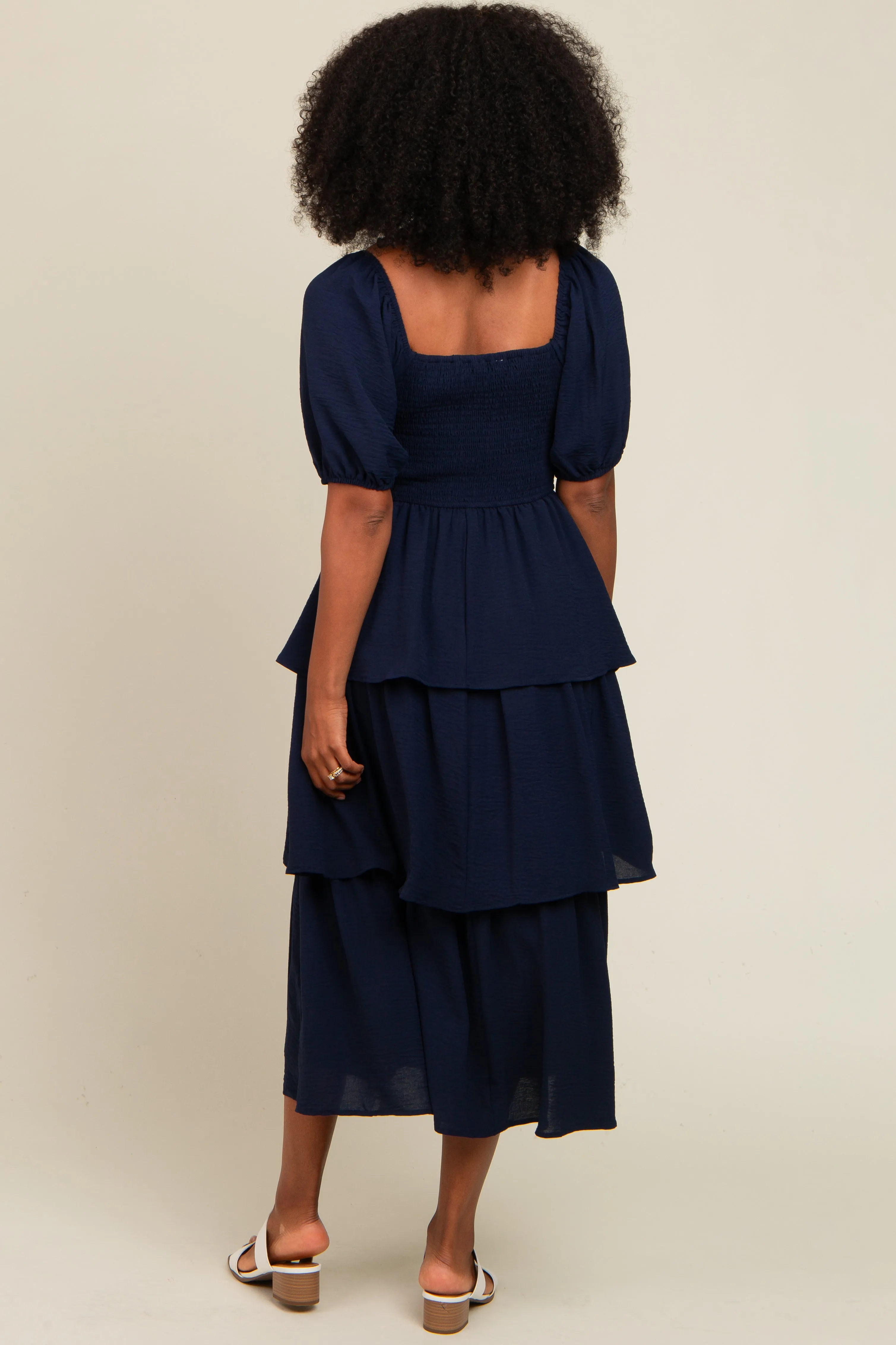 Navy Smocked Body Ruffled Tiered Midi Dress sold by Pinkblush product image thumbnail 4