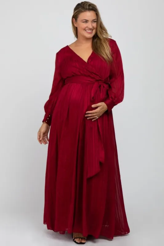 Burgundy Metallic Striped Chiffon Maternity Plus Maxi Dress sold by Pinkblush