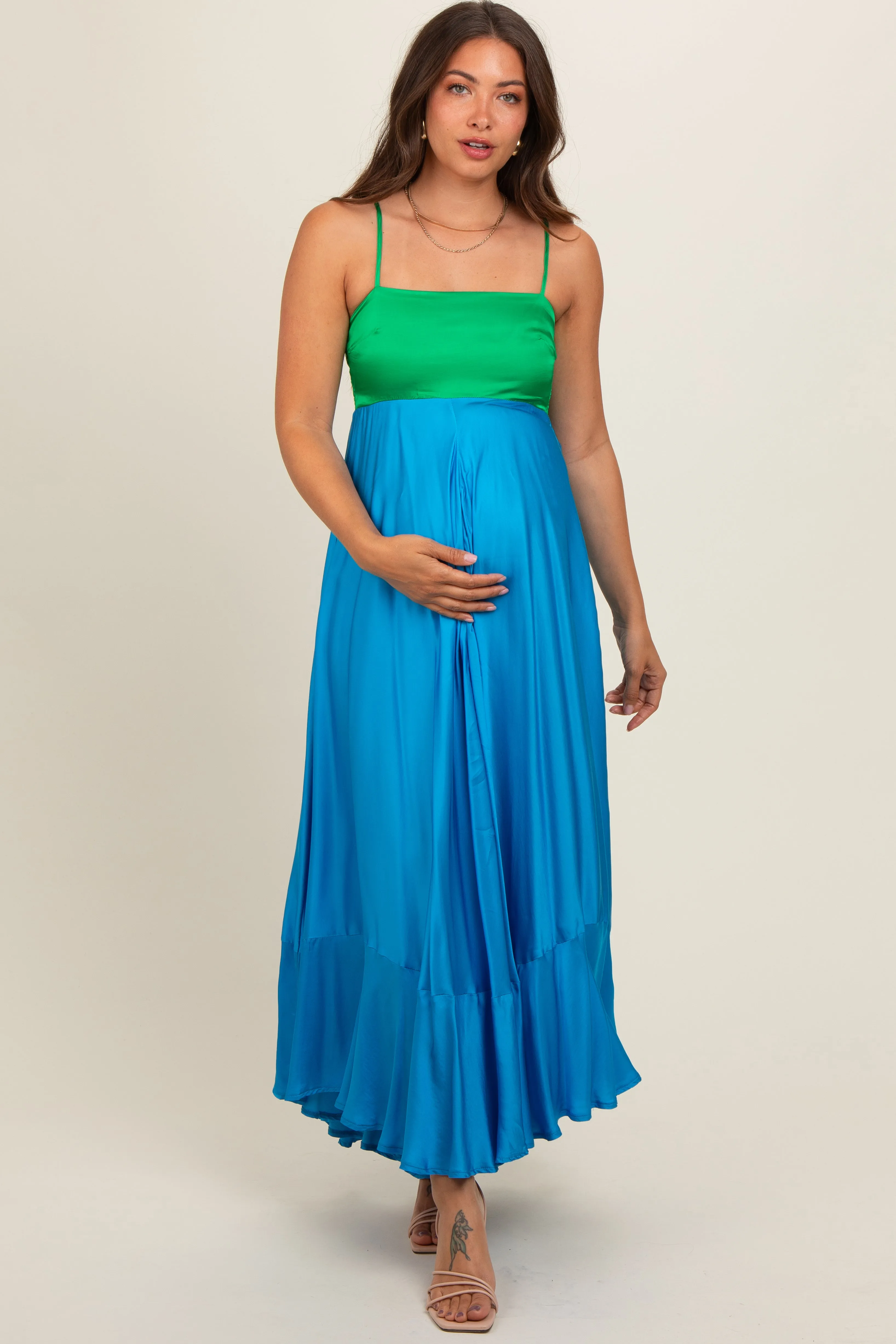 Green Colorblock Sleeveless Satin Maternity Dress sold by Pinkblush product image thumbnail 2
