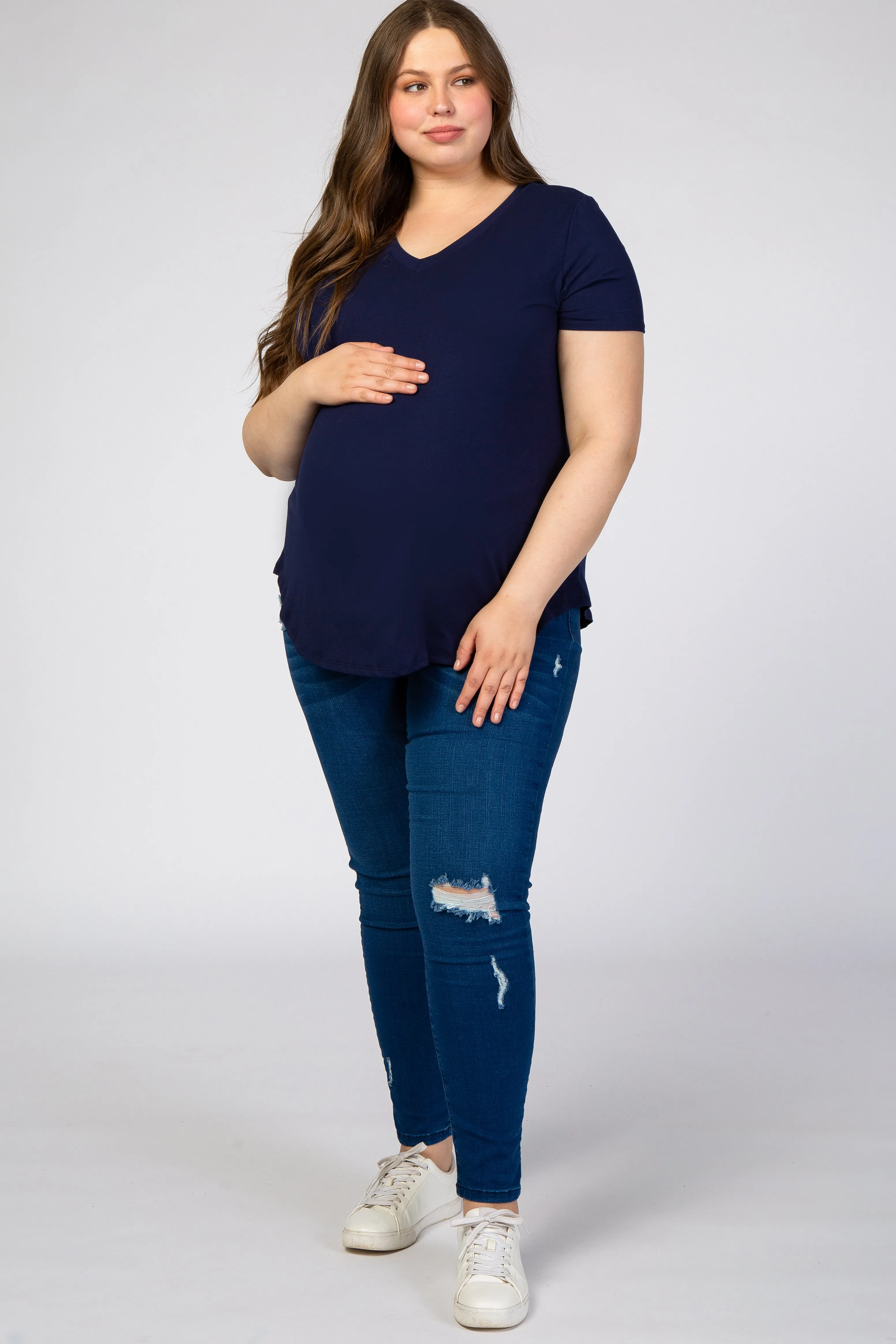 Navy Blue V-Neck Short Sleeve Maternity Plus Top sold by Pinkblush product image thumbnail 4