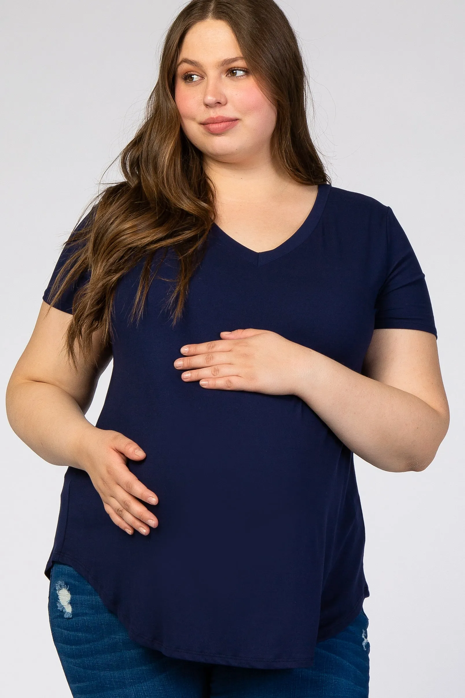 Navy Blue V-Neck Short Sleeve Maternity Plus Top sold by Pinkblush