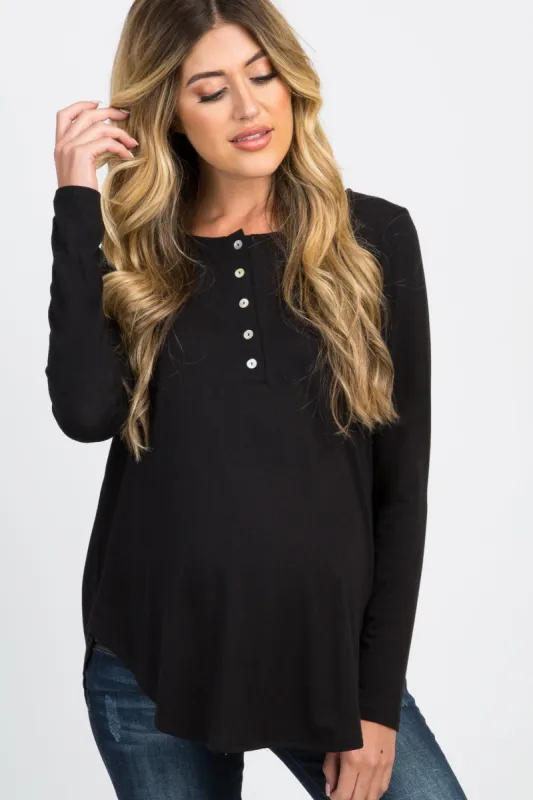 Black Button Accent Long Sleeve Maternity Top sold by Pinkblush