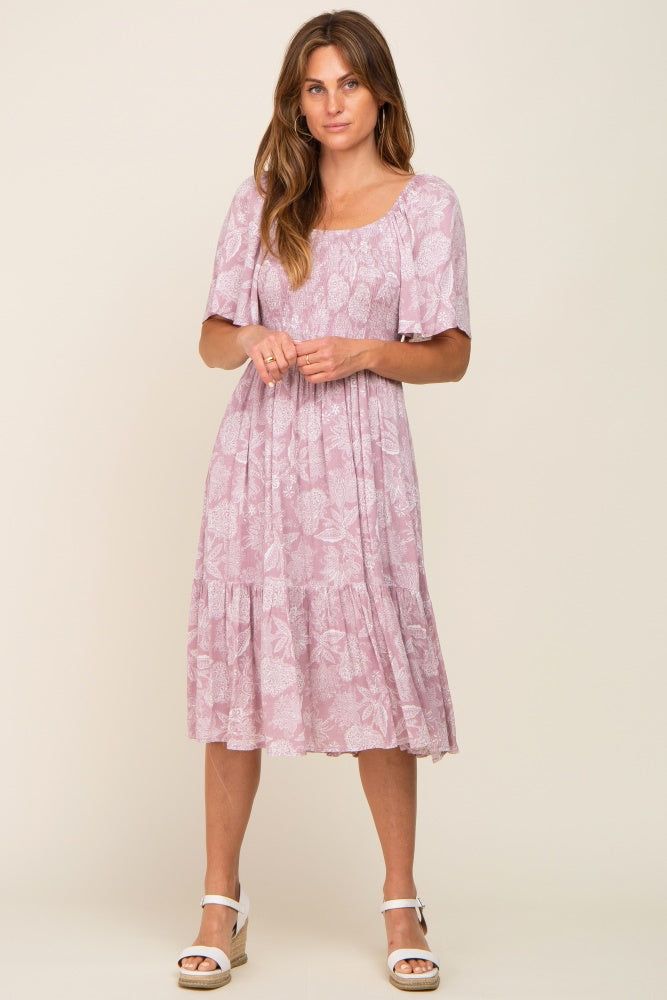 Mauve Floral Smocked Midi Dress sold by Pinkblush product image thumbnail 4