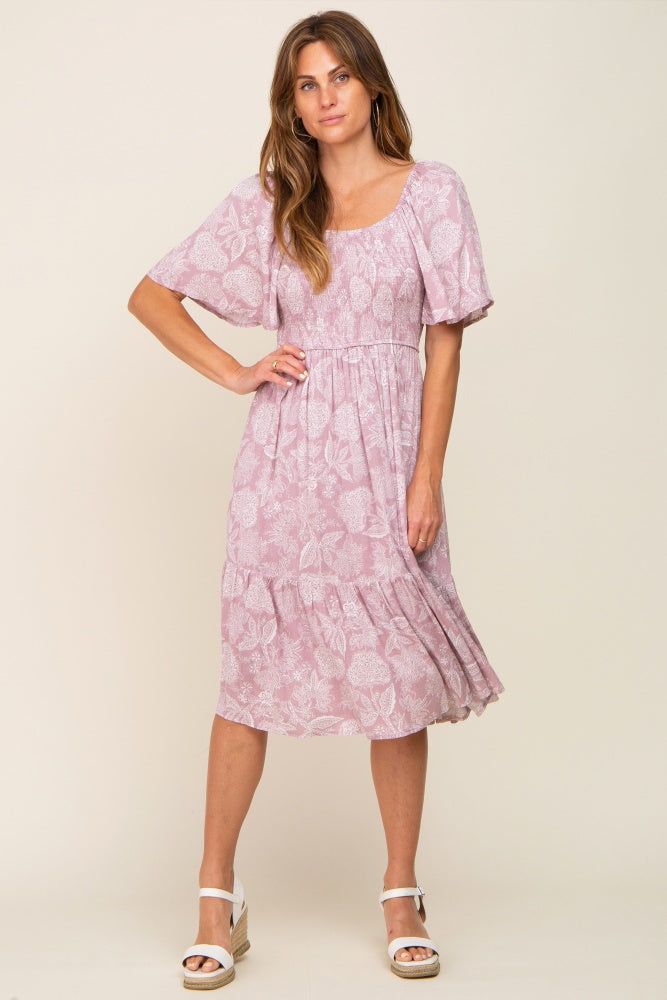 Mauve Floral Smocked Midi Dress sold by Pinkblush