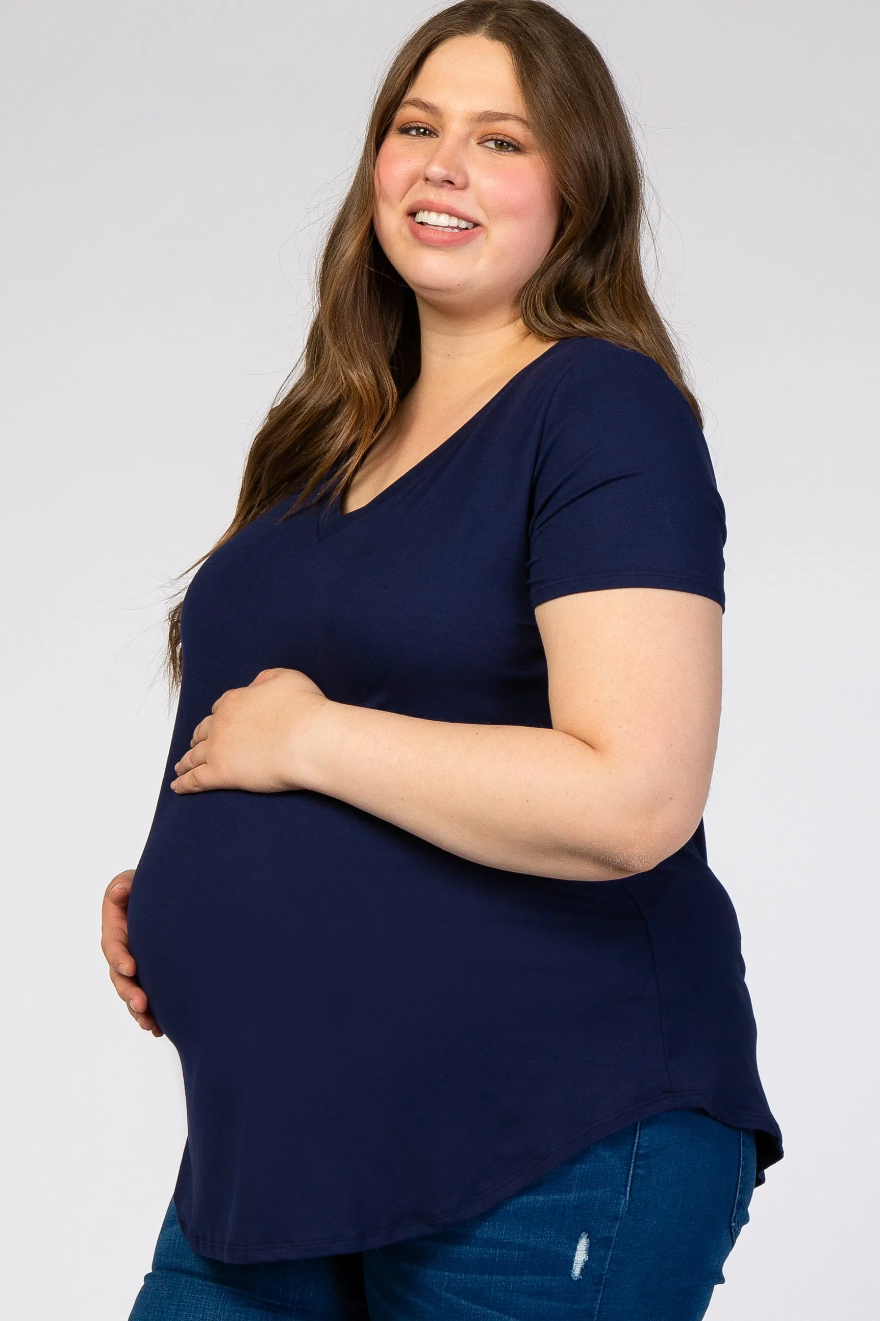 Navy Blue V-Neck Short Sleeve Maternity Plus Top sold by Pinkblush product image thumbnail 2