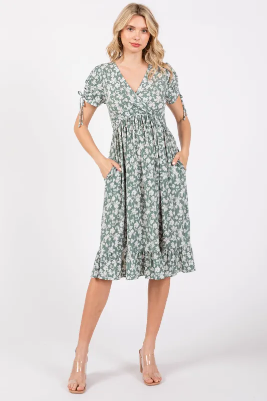 Light Olive Floral Wrap Midi Dress sold by Pinkblush