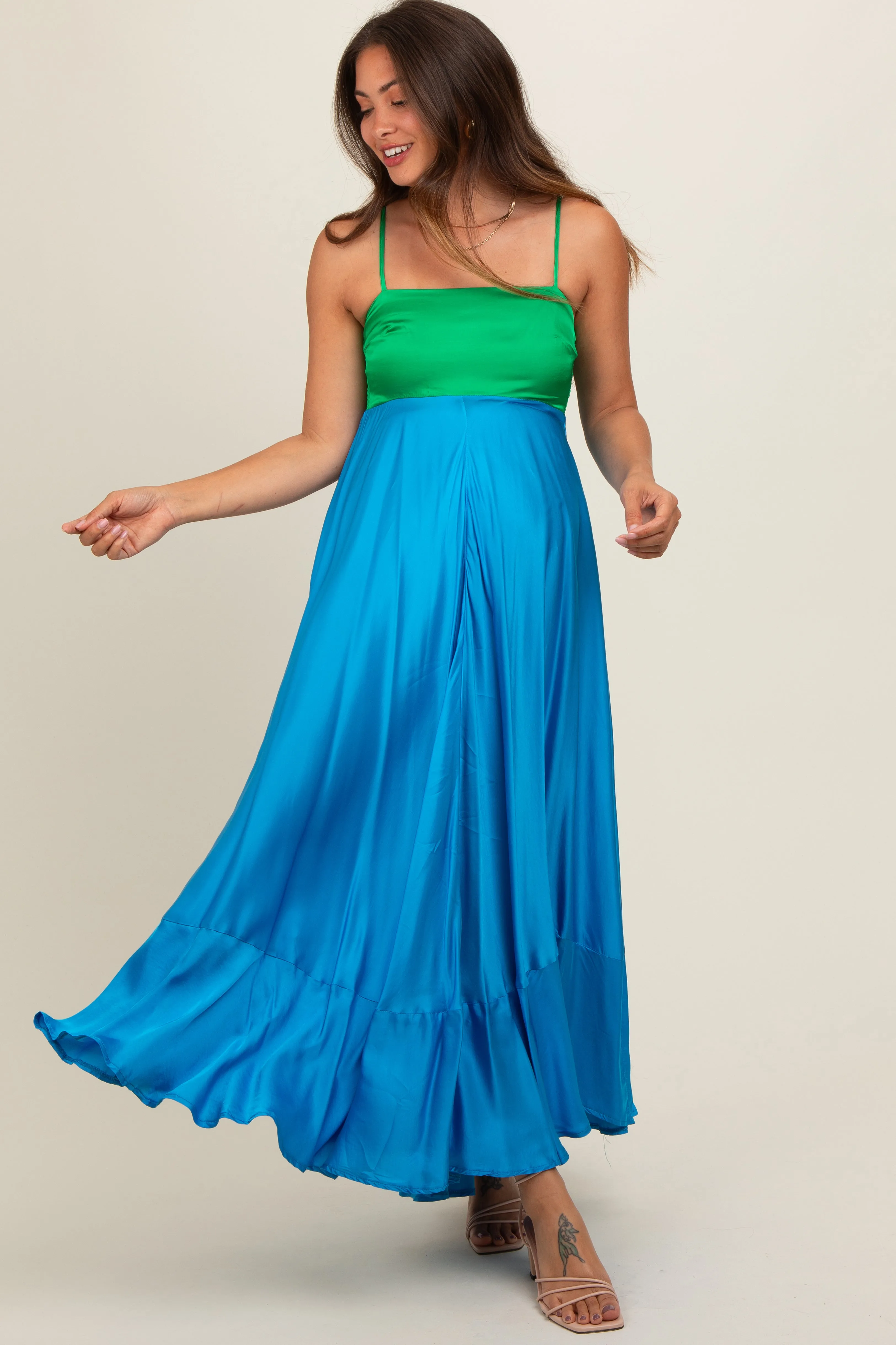 Green Colorblock Sleeveless Satin Maternity Dress sold by Pinkblush