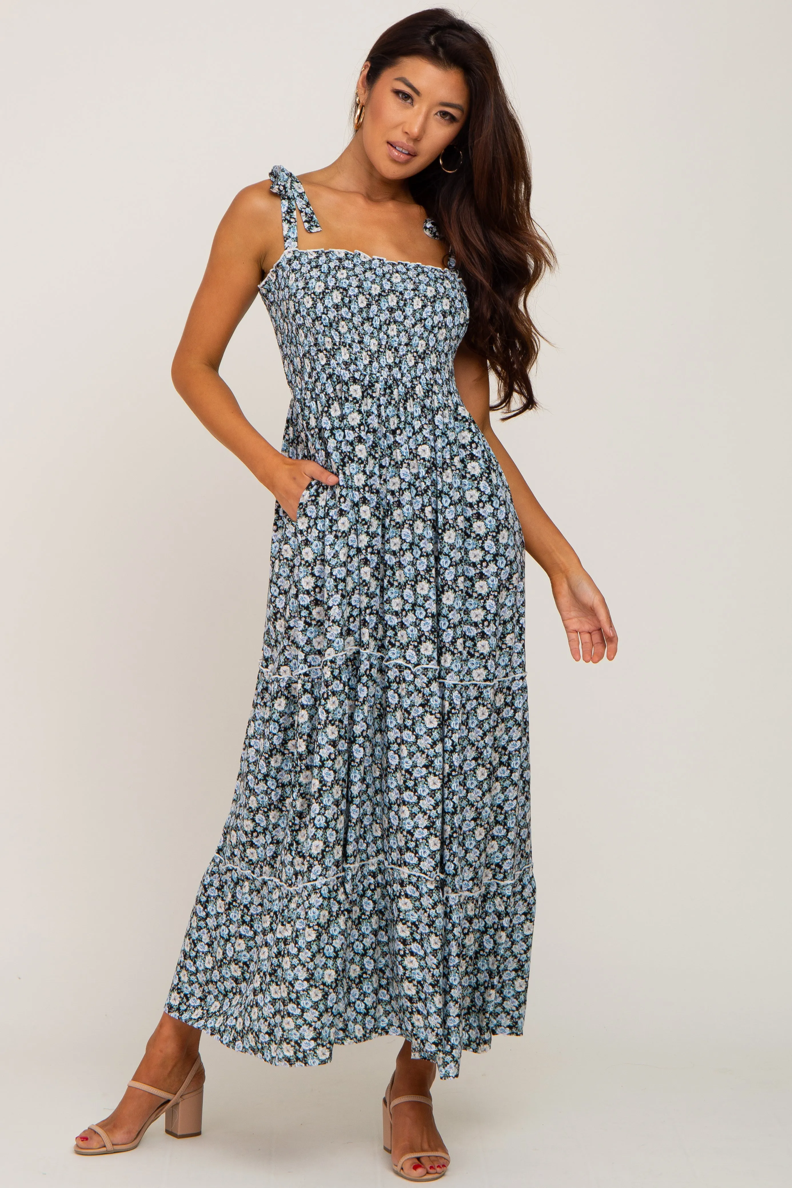 Black Floral Sleeveless Tiered Maxi Dress sold by Pinkblush