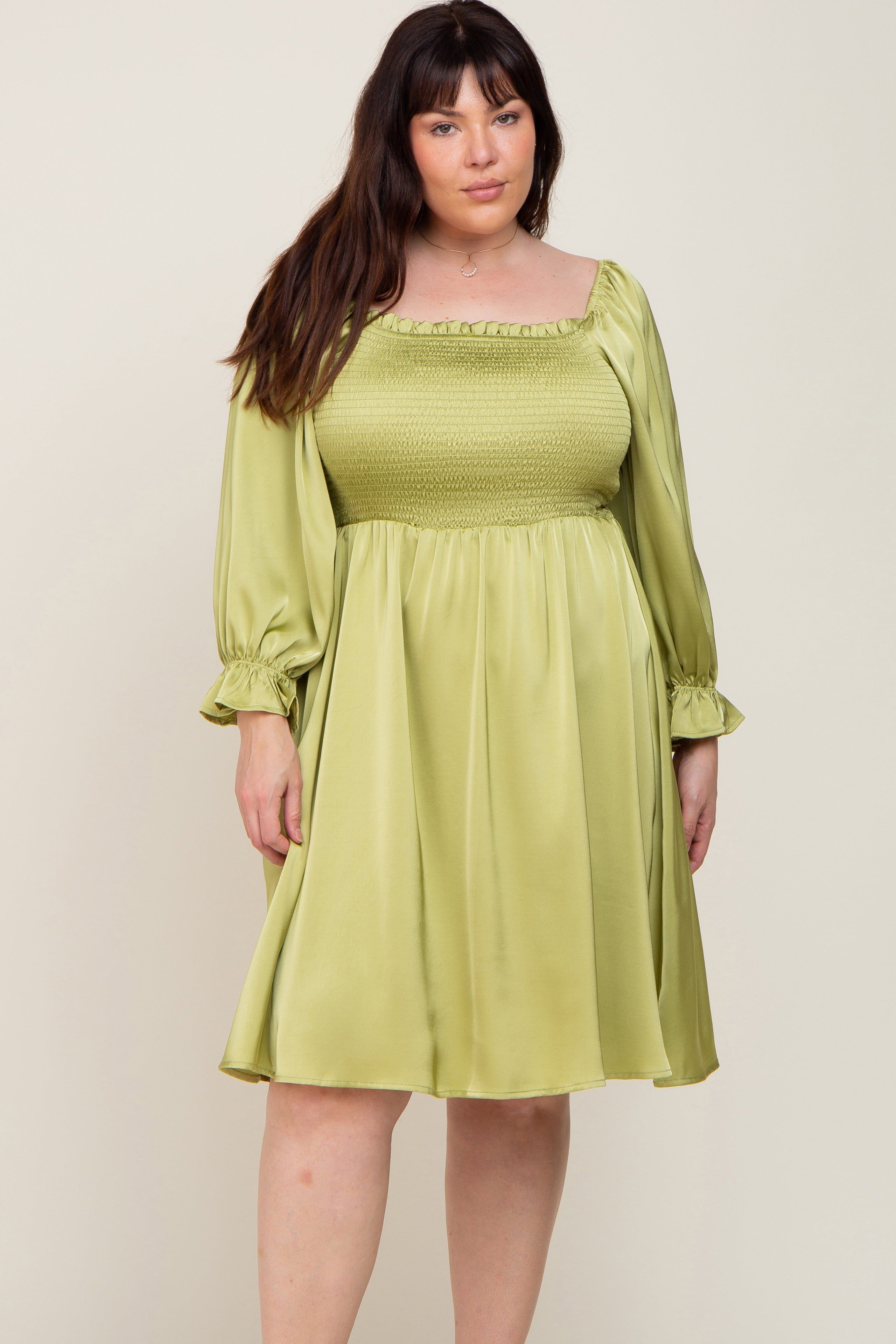 Lime Satin Smocked Square Neck Plus Dress sold by Pinkblush