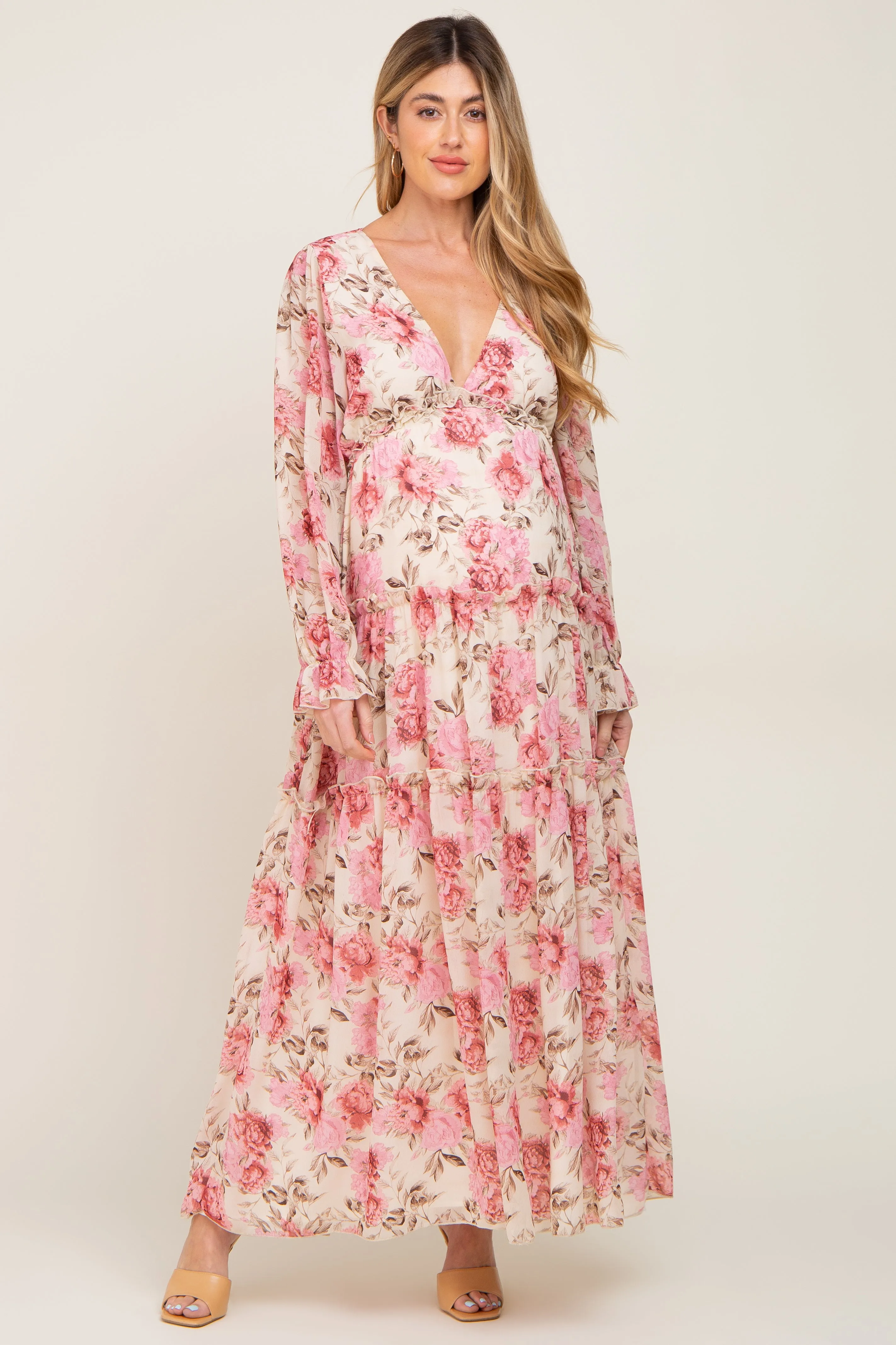 Ivory Floral Chiffon Ruffle Tiered Maternity Maxi Dress sold by Pinkblush product image thumbnail 4
