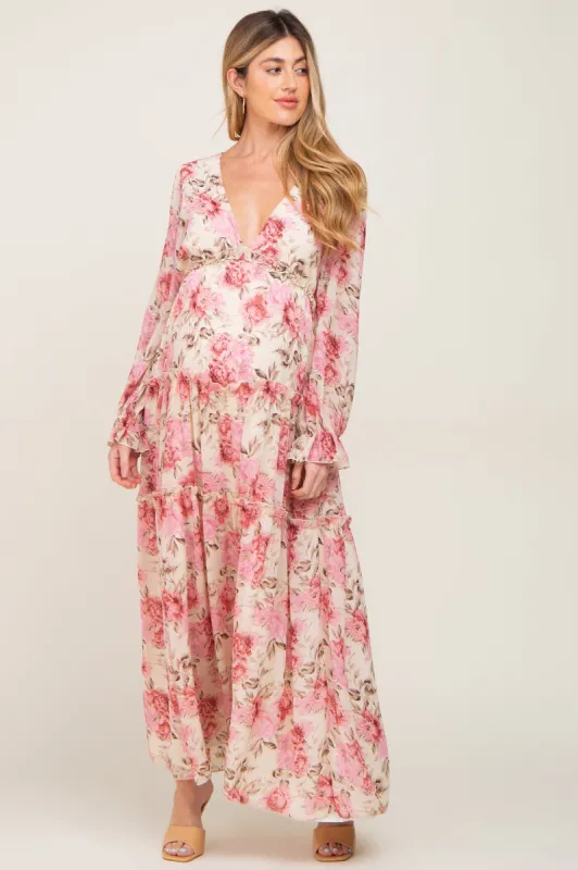 Ivory Floral Chiffon Ruffle Tiered Maternity Maxi Dress sold by Pinkblush