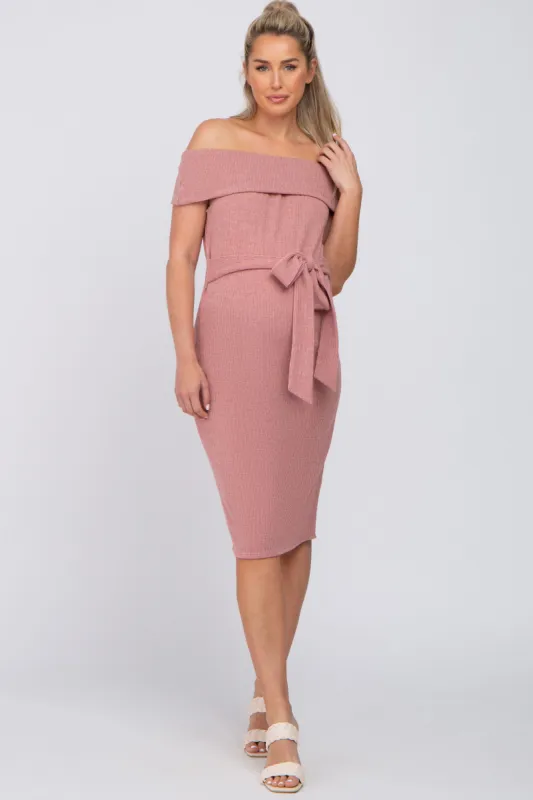 Mauve Folded Off Shoulder Waist Tie Maternity Midi Dress made by Pinkblush
