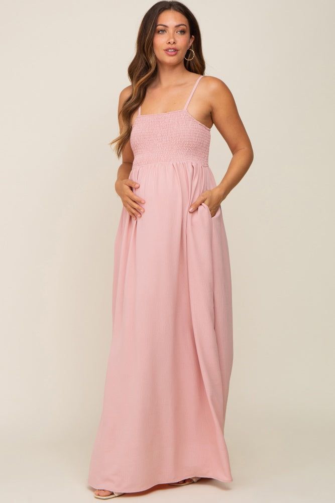 Light Pink Smocked Sleeveless Maternity Maxi Dress sold by Pinkblush