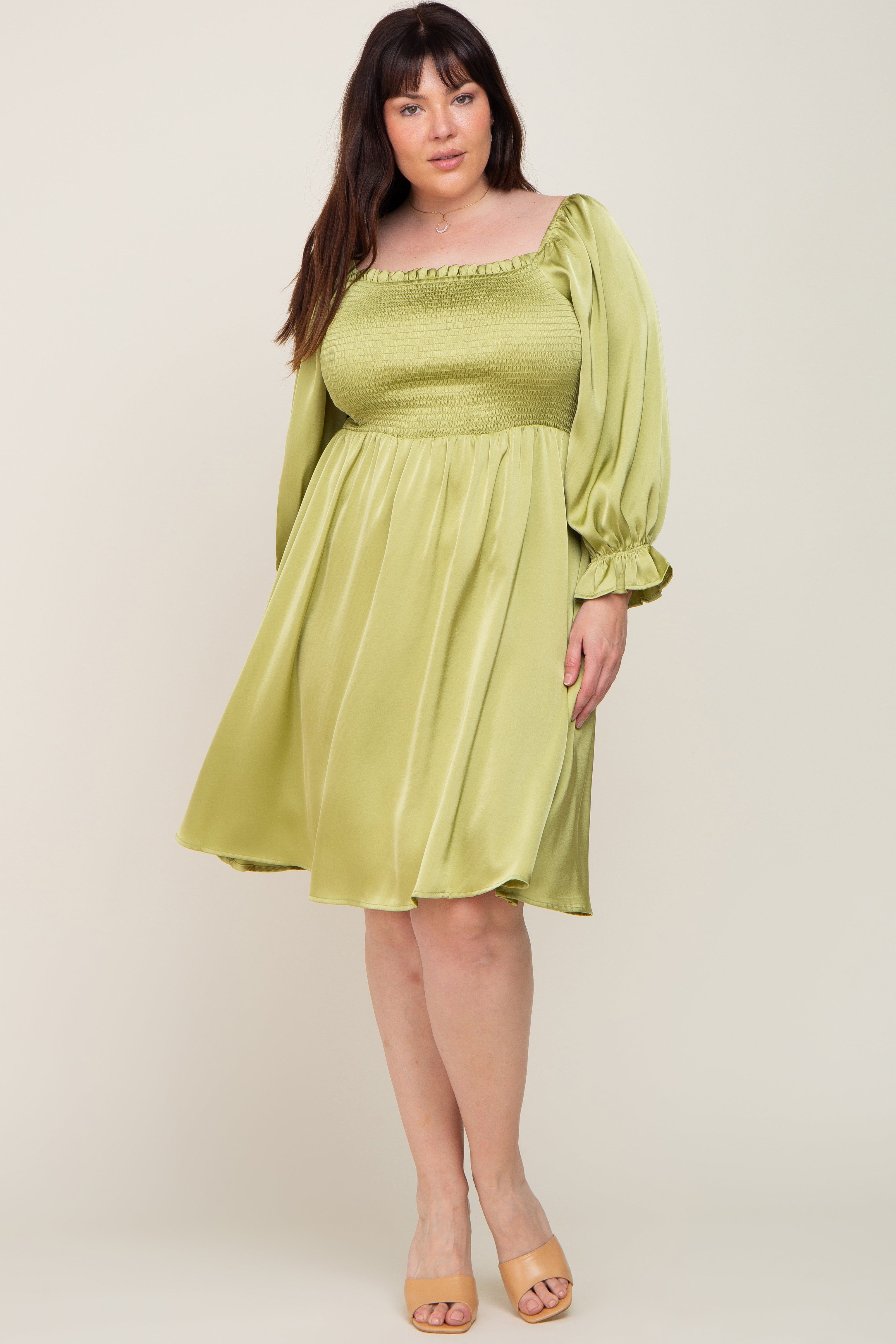 Lime Satin Smocked Square Neck Plus Dress sold by Pinkblush product image thumbnail 5