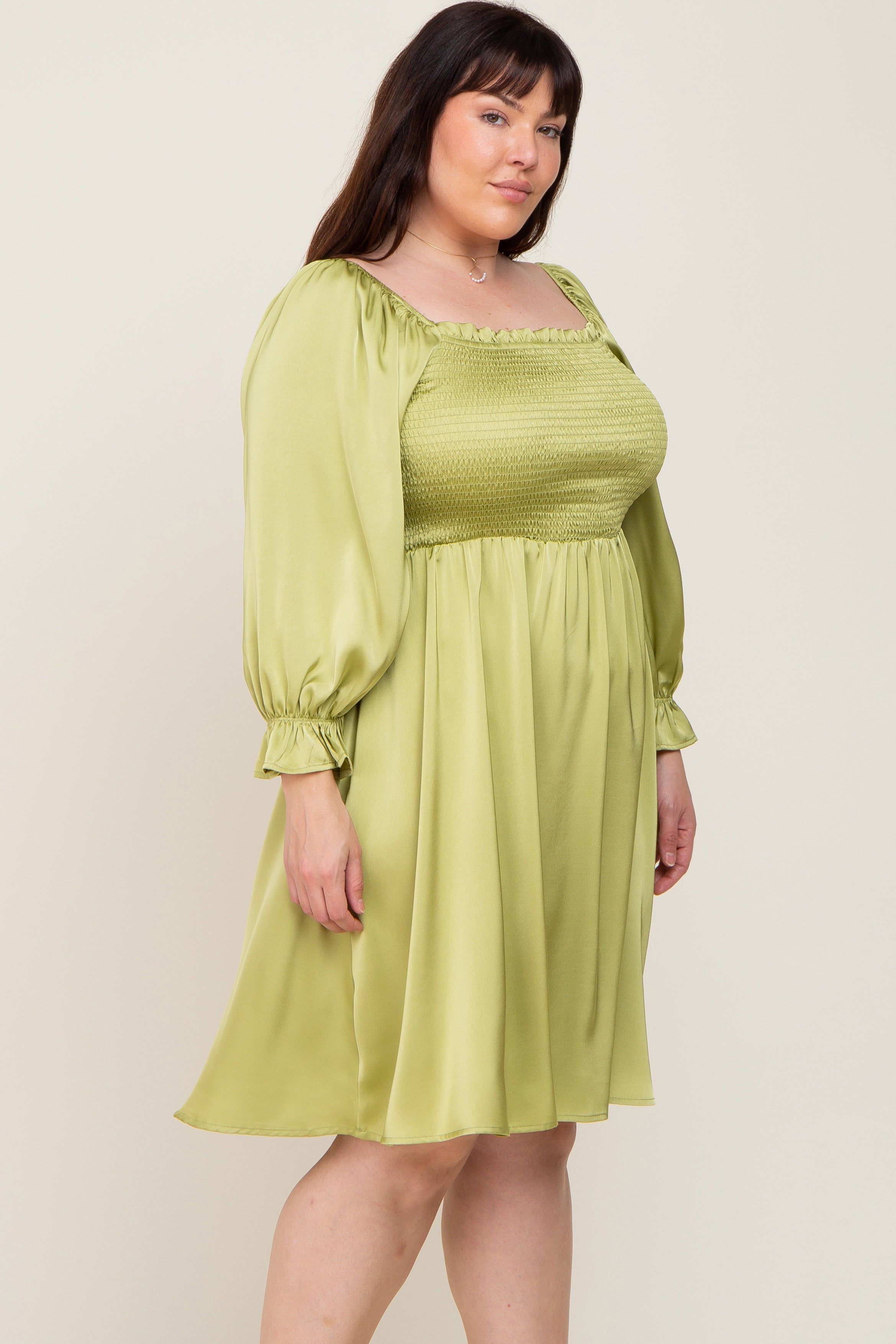 Lime Satin Smocked Square Neck Plus Dress sold by Pinkblush product image thumbnail 2