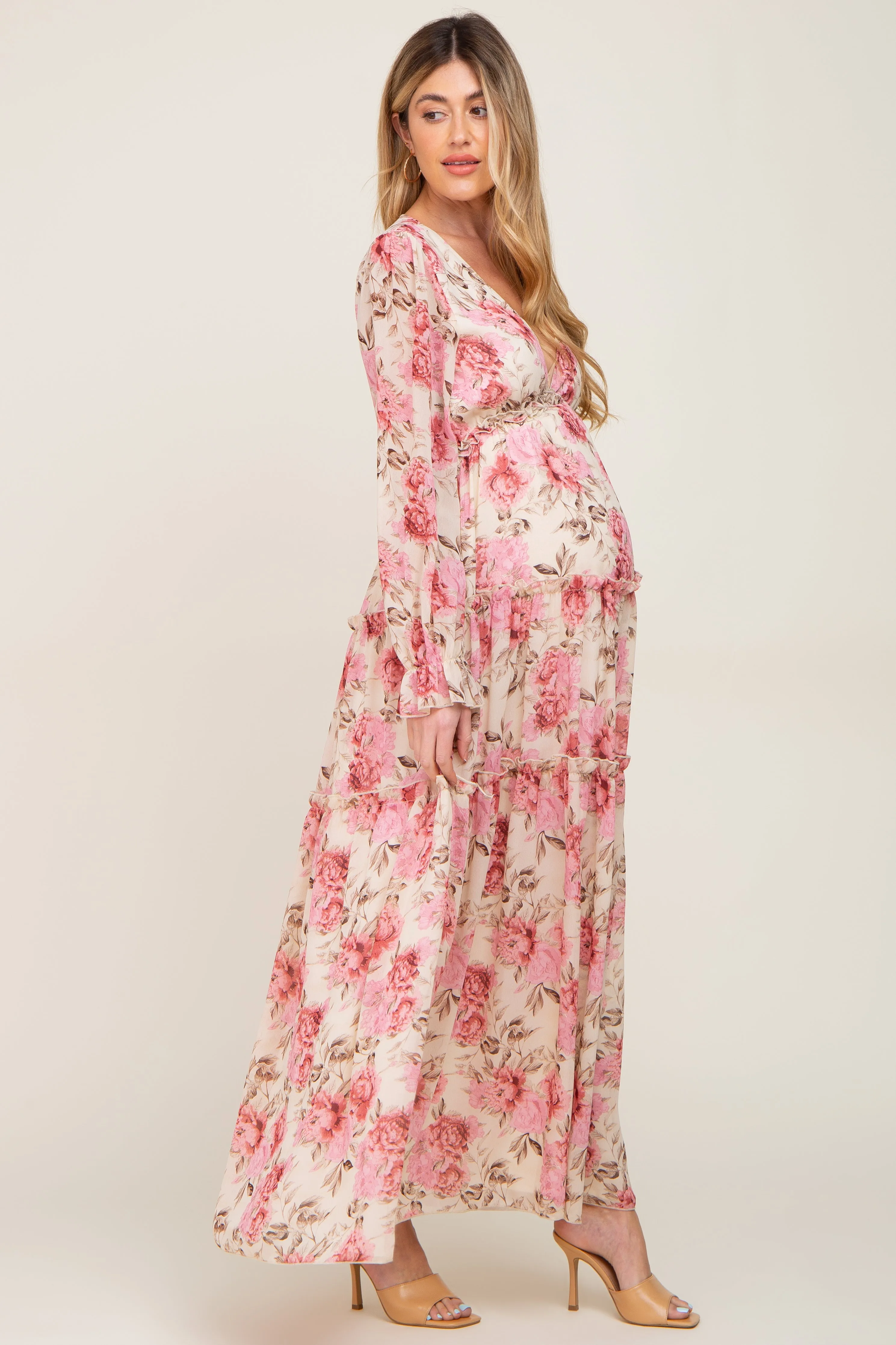 Ivory Floral Chiffon Ruffle Tiered Maternity Maxi Dress sold by Pinkblush product image thumbnail 2