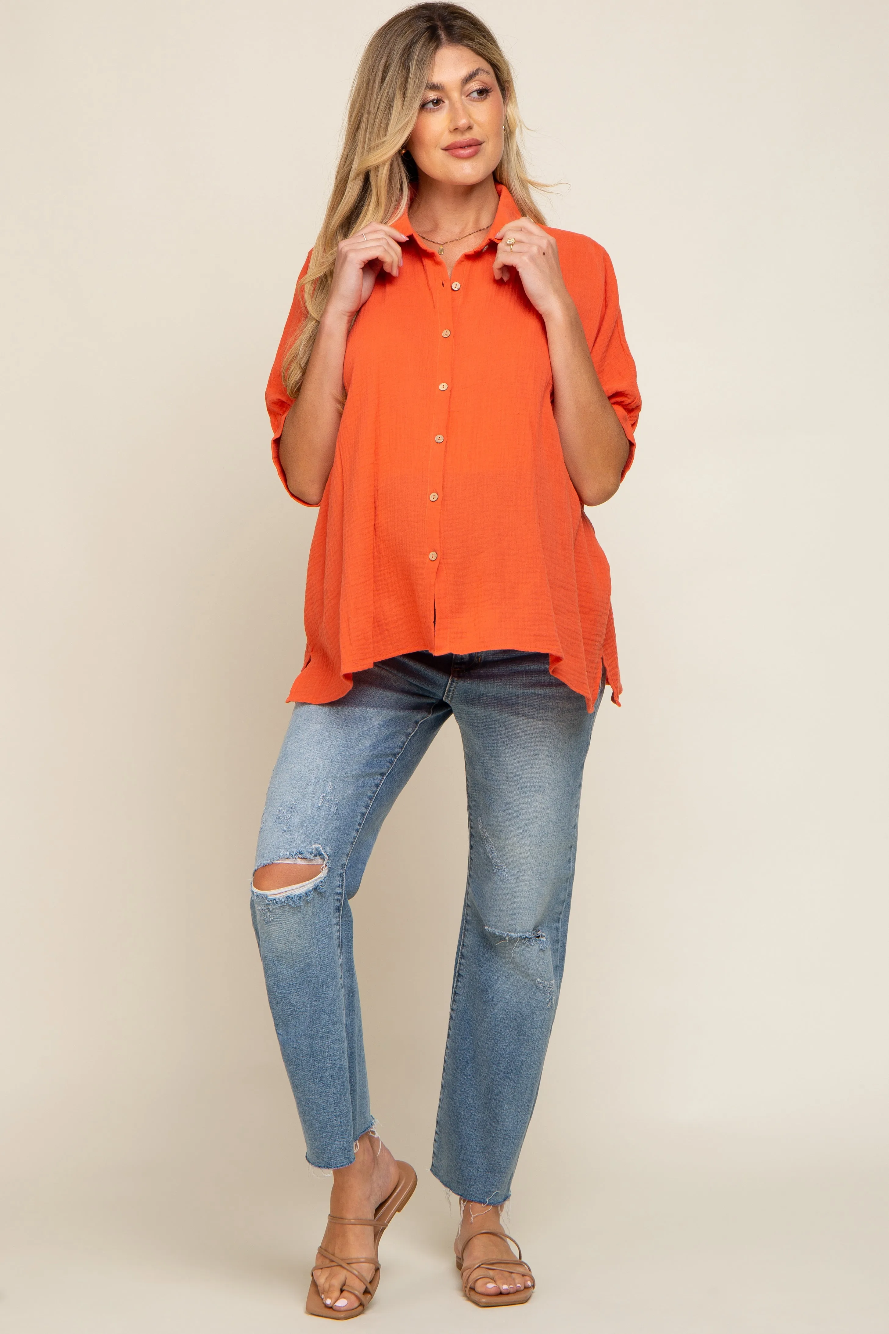 Orange Button Down Collared Maternity Top sold by Pinkblush product image thumbnail 5