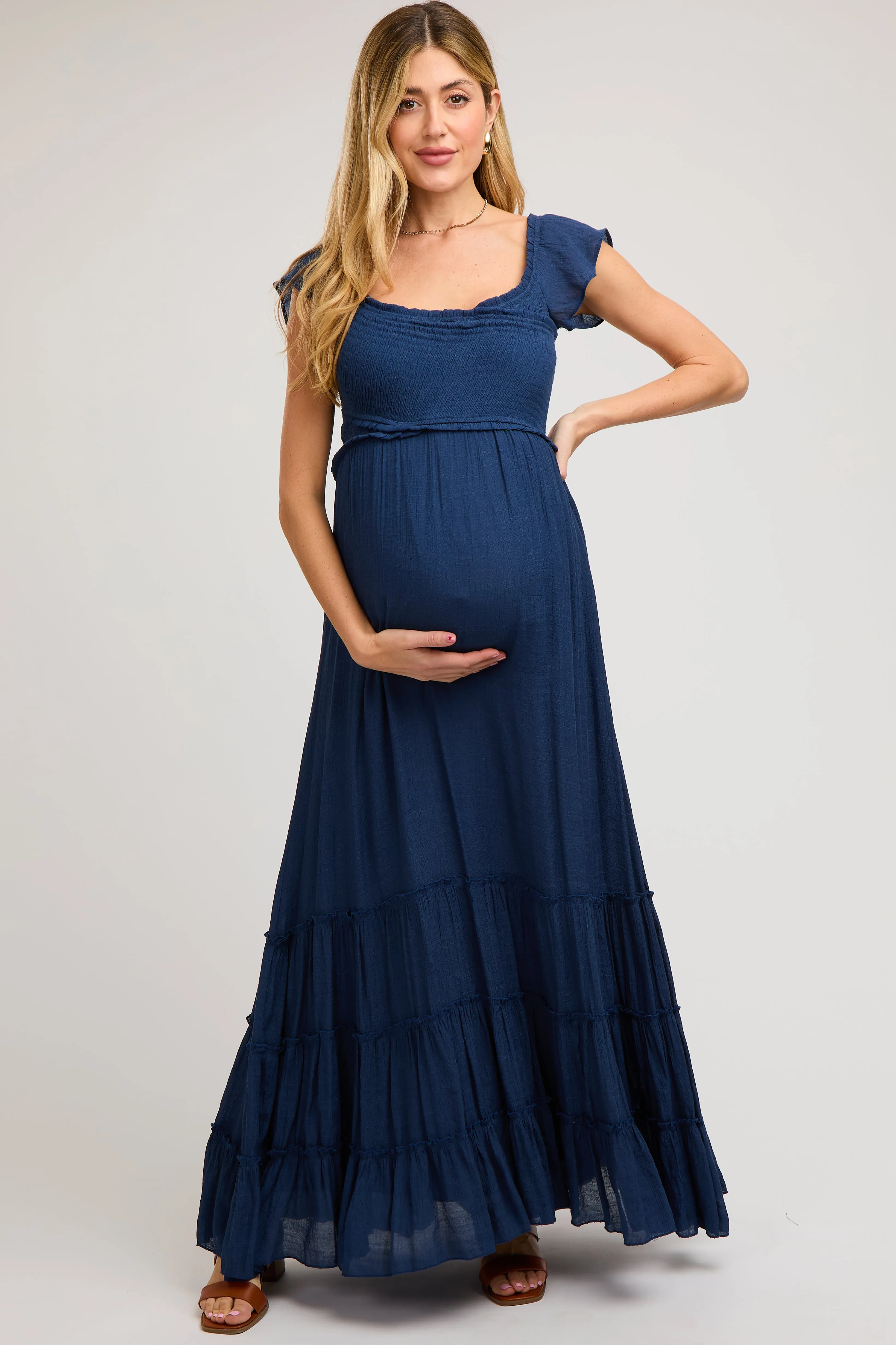 Navy Smocked Crossover Off Shoulder Maternity Maxi Dress sold by Pinkblush
