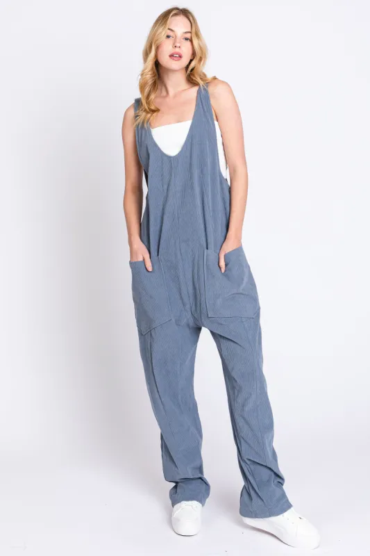 Blue Corduroy Wide Leg Overalls sold by Pinkblush