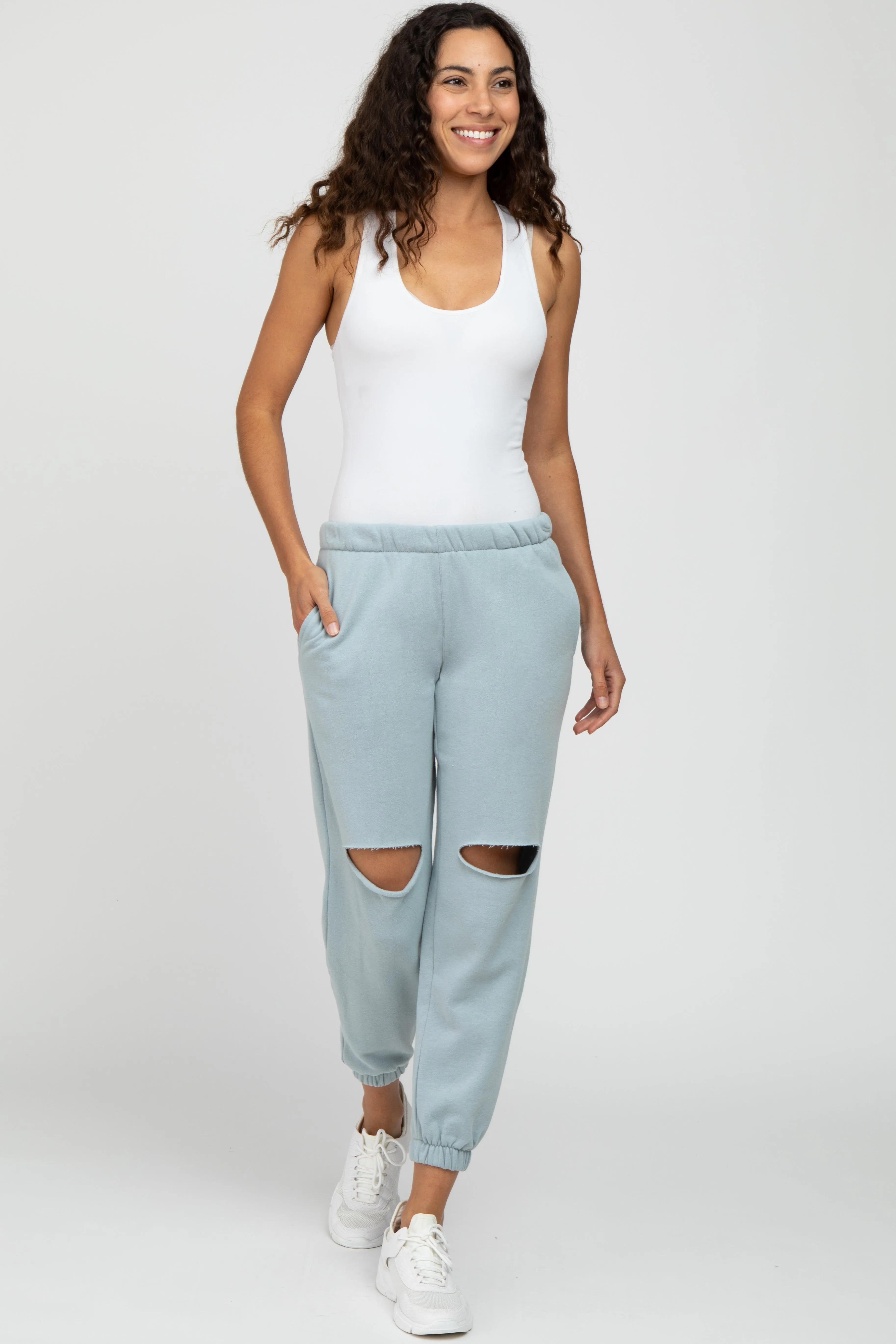 Light Blue Ripped Knee Sweatpants sold by Pinkblush