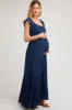 Navy Smocked Crossover Off Shoulder Maternity Maxi Dress sold by Pinkblush