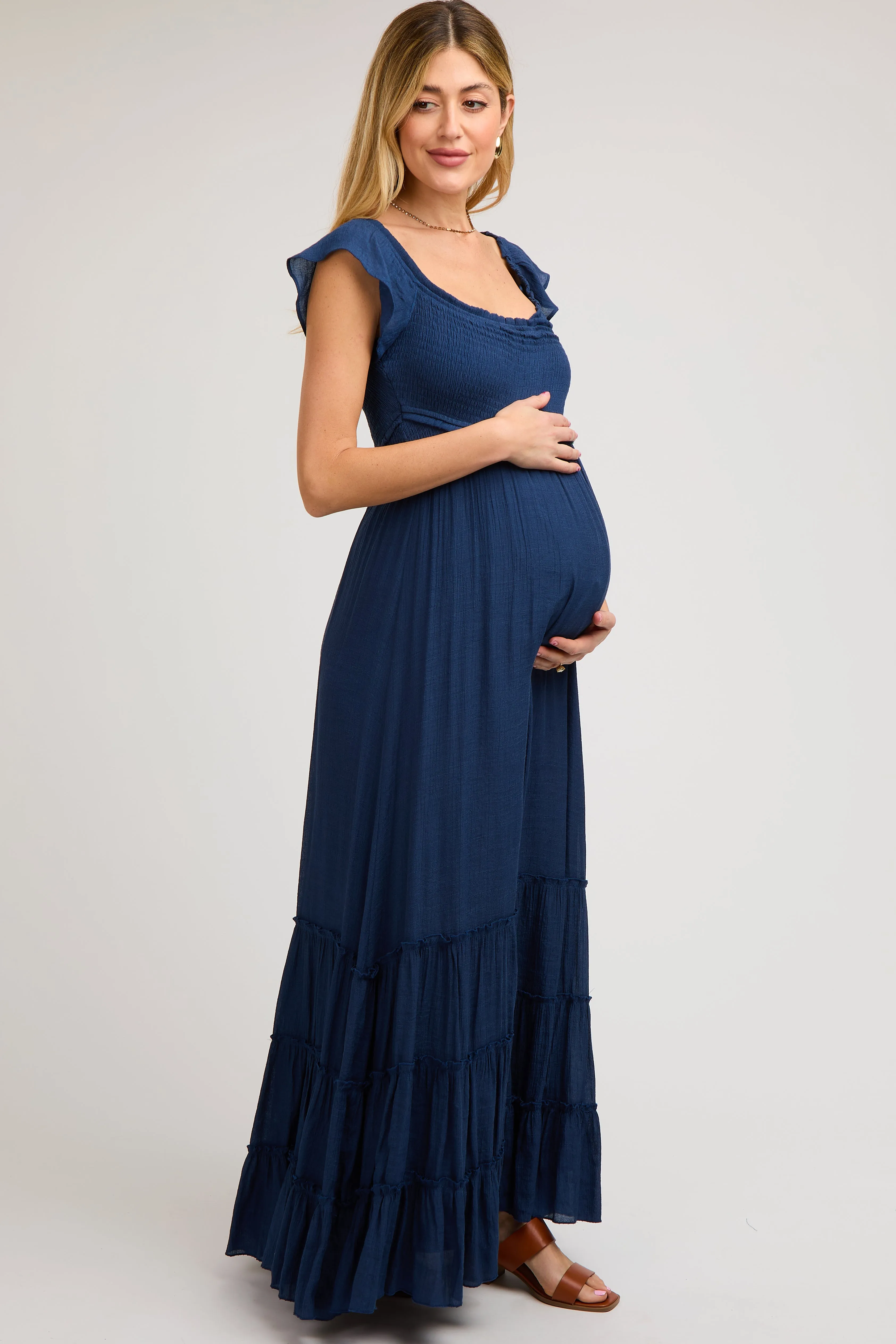 Navy Smocked Crossover Off Shoulder Maternity Maxi Dress sold by Pinkblush product image thumbnail 2