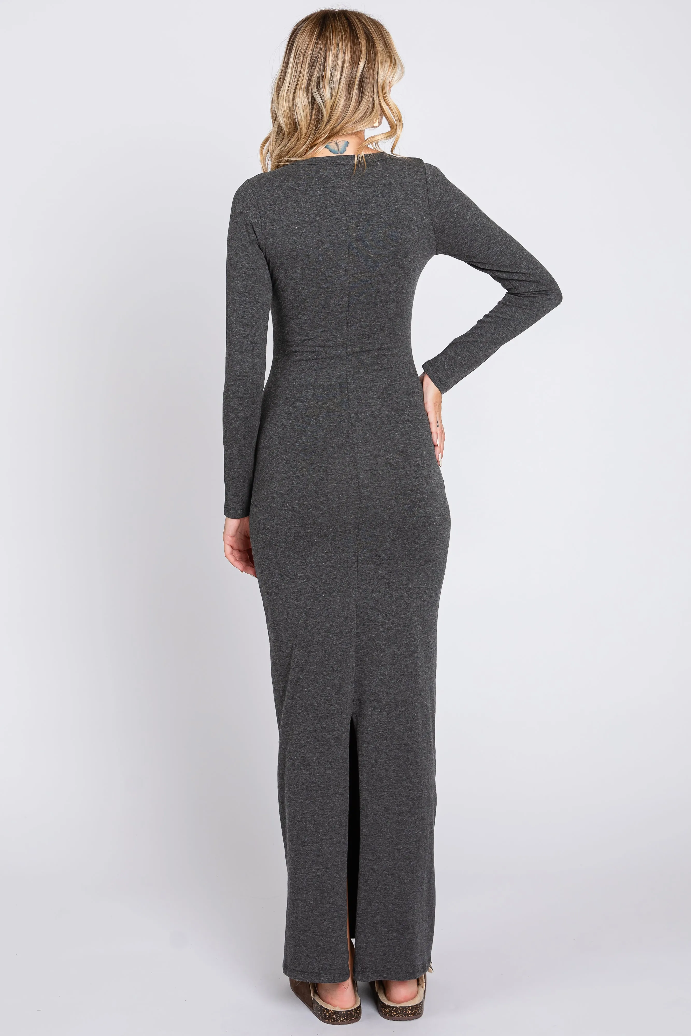 Charcoal Solid Long Sleeve Scoop Neck Maxi Dress sold by Pinkblush product image thumbnail 3