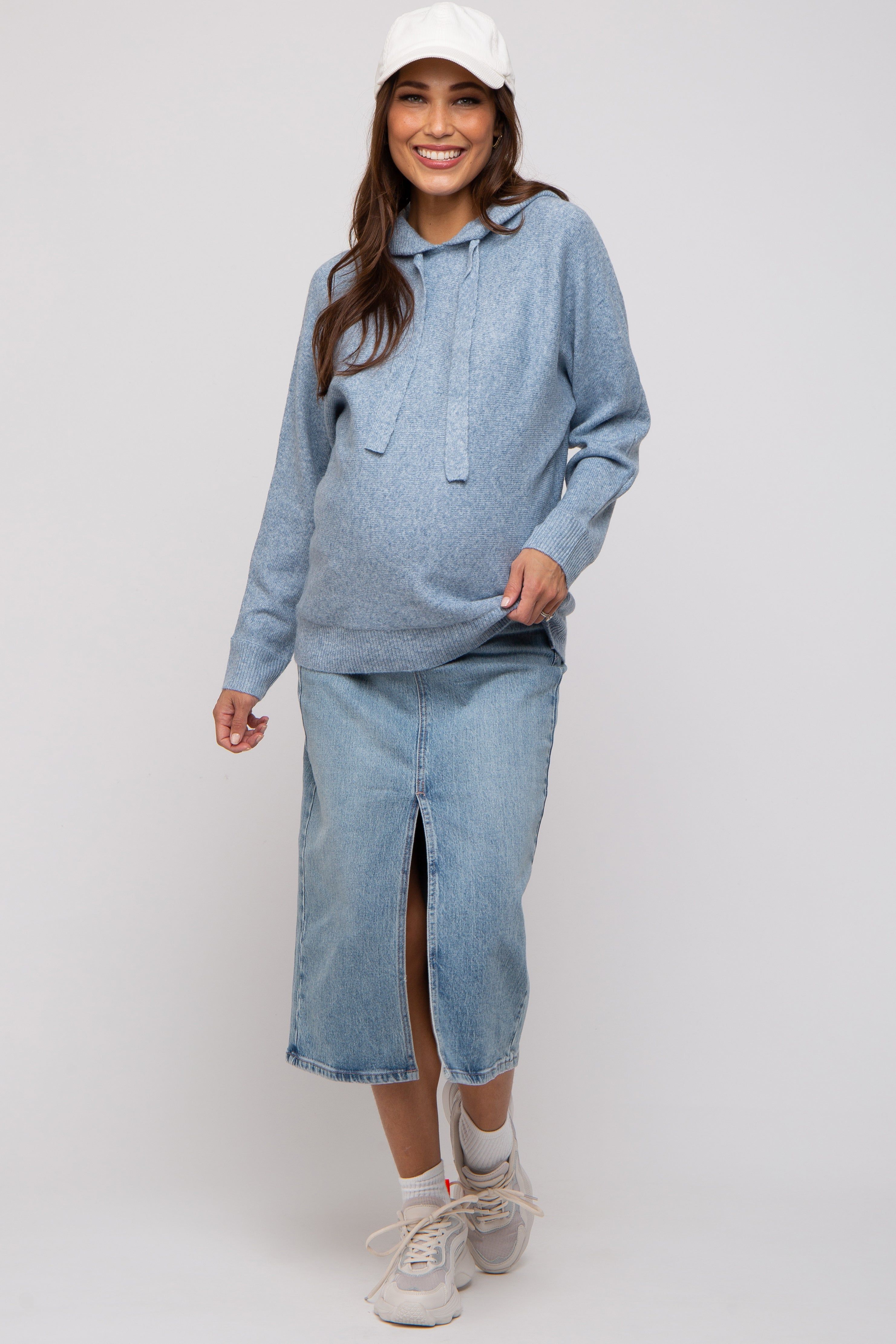 Blue Drawstring Hooded Maternity Sweater sold by Pinkblush