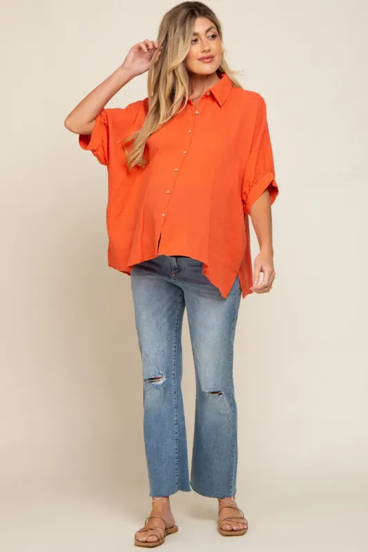 Orange Button Down Collared Maternity Top sold by Pinkblush