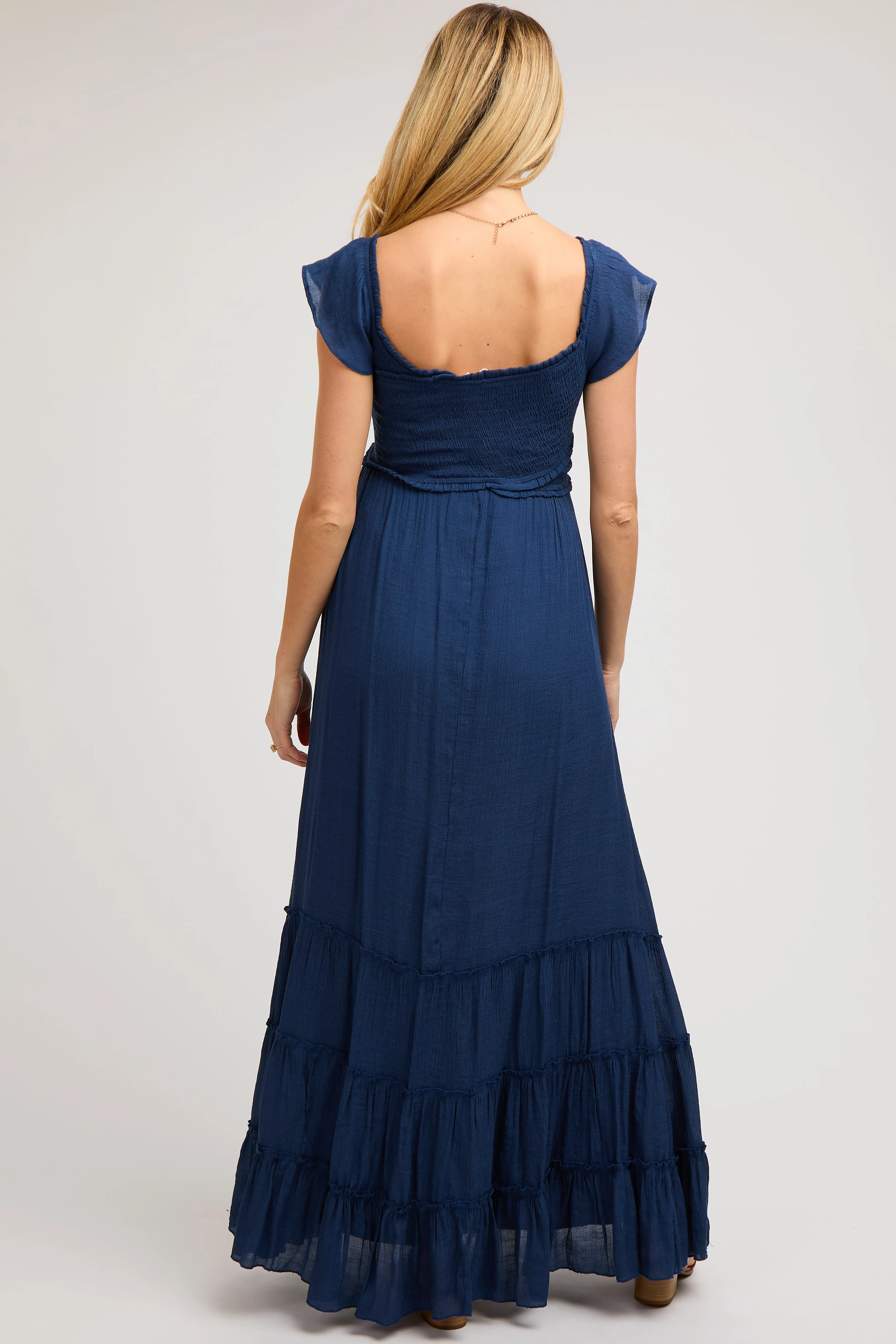 Navy Smocked Crossover Off Shoulder Maternity Maxi Dress sold by Pinkblush product image thumbnail 3