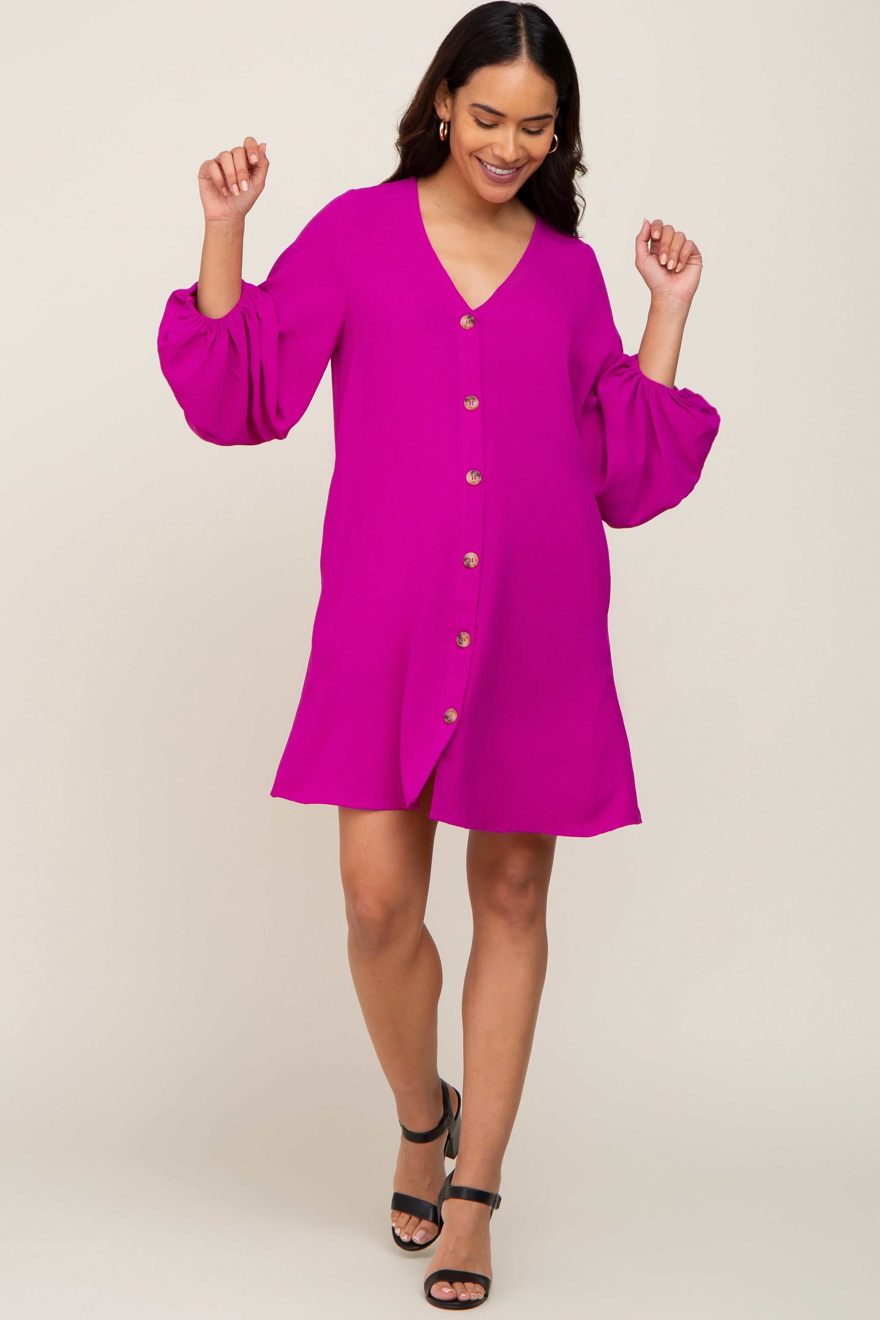 Magenta Button Front Balloon Sleeve Maternity Dress sold by Pinkblush product image thumbnail 4