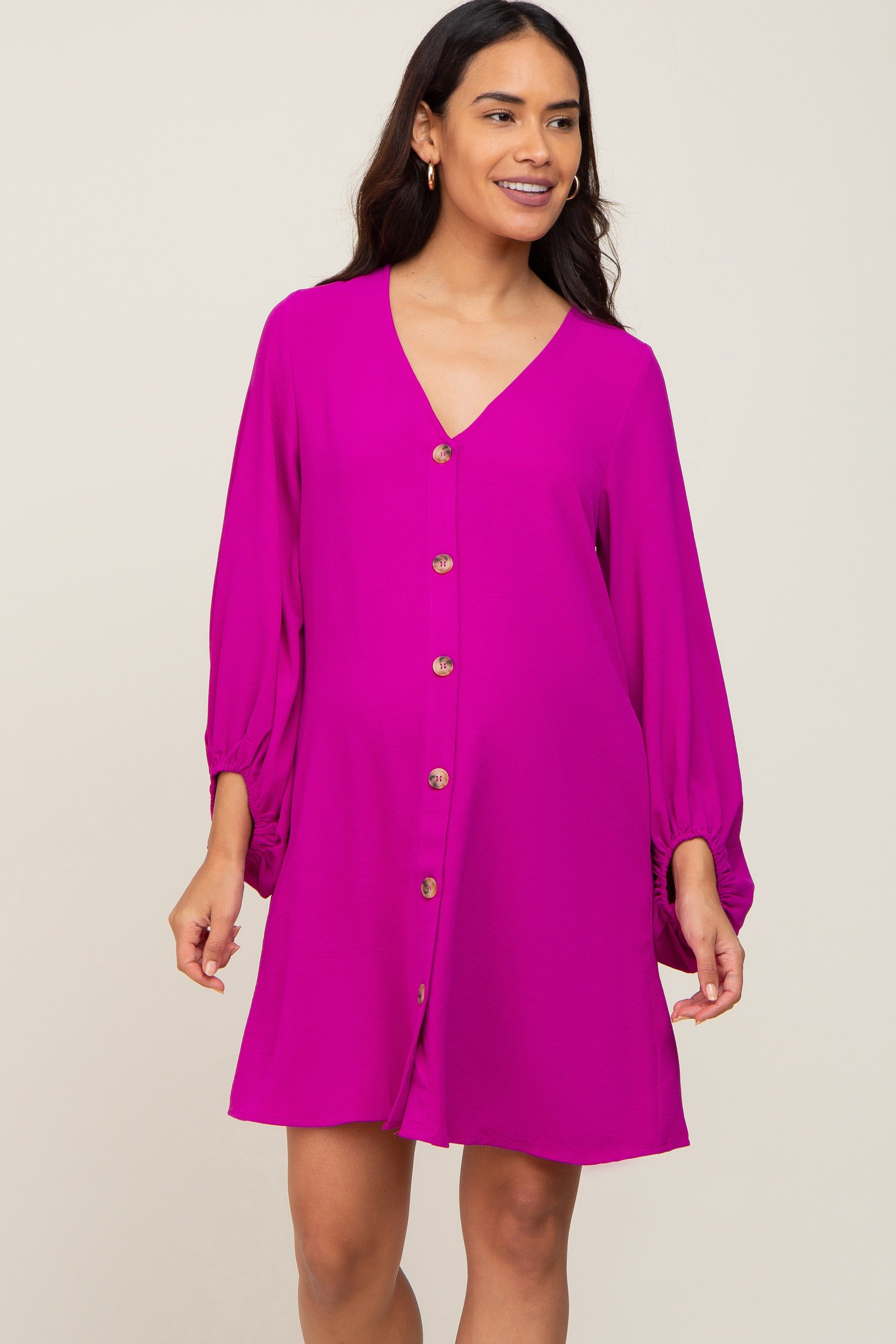 Magenta Button Front Balloon Sleeve Maternity Dress sold by Pinkblush