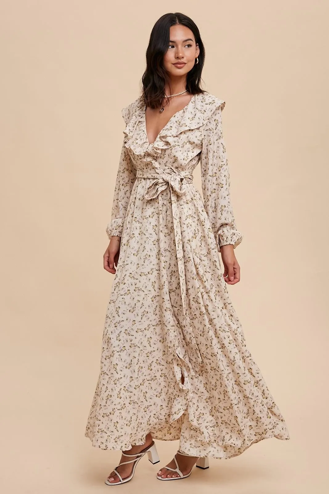 Cream Floral Ruffle V-Neck Wrap Front Maxi Dress sold by Pinkblush product image thumbnail 2