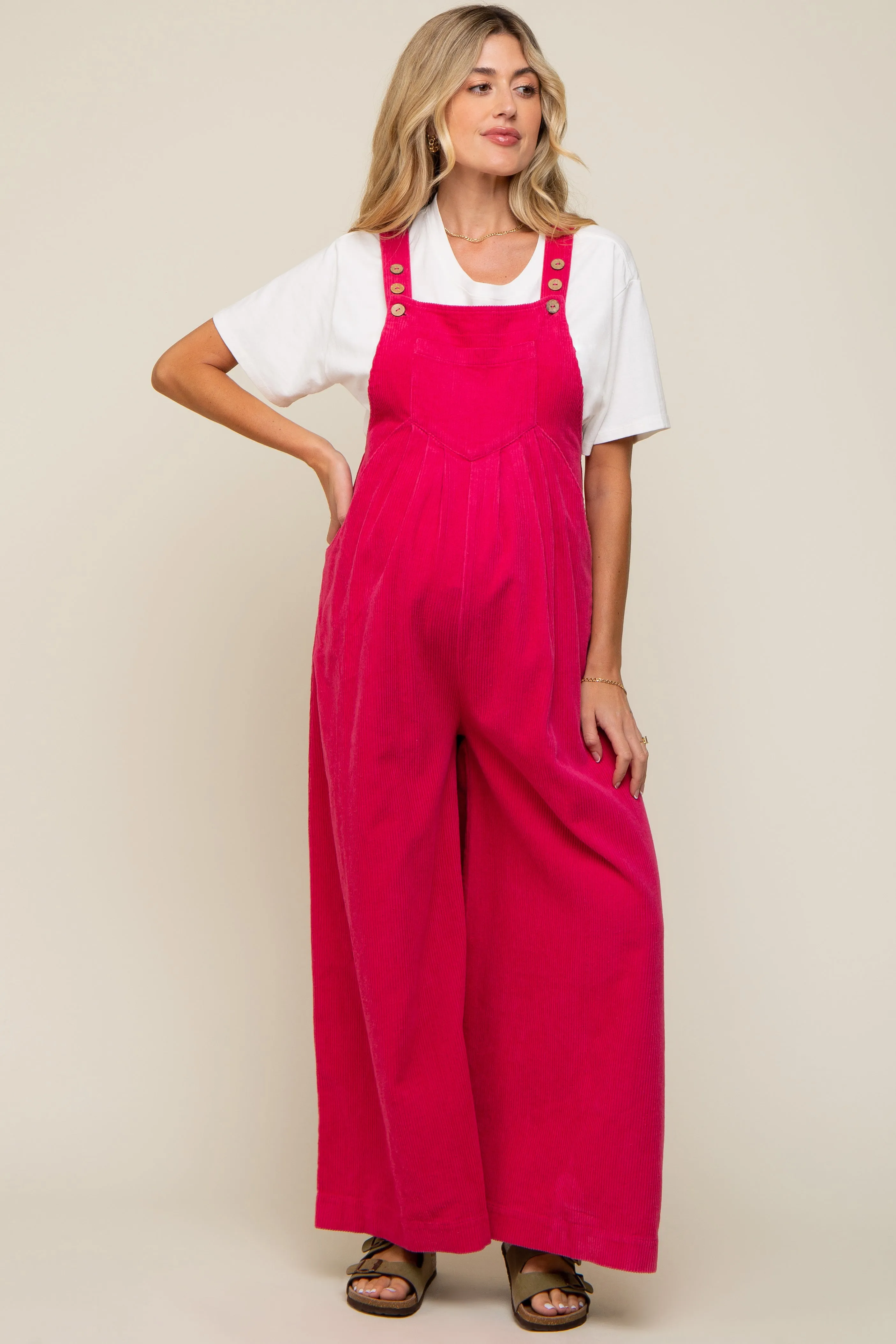 Fuchsia Corduroy Front Pleated Wide Leg Maternity Overalls sold by Pinkblush product image thumbnail 5