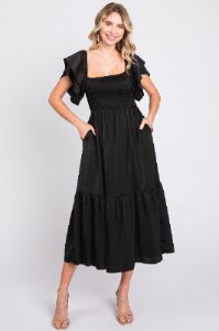 Black Satin Flutter Sleeve Maternity Midi Dress sold by Pinkblush