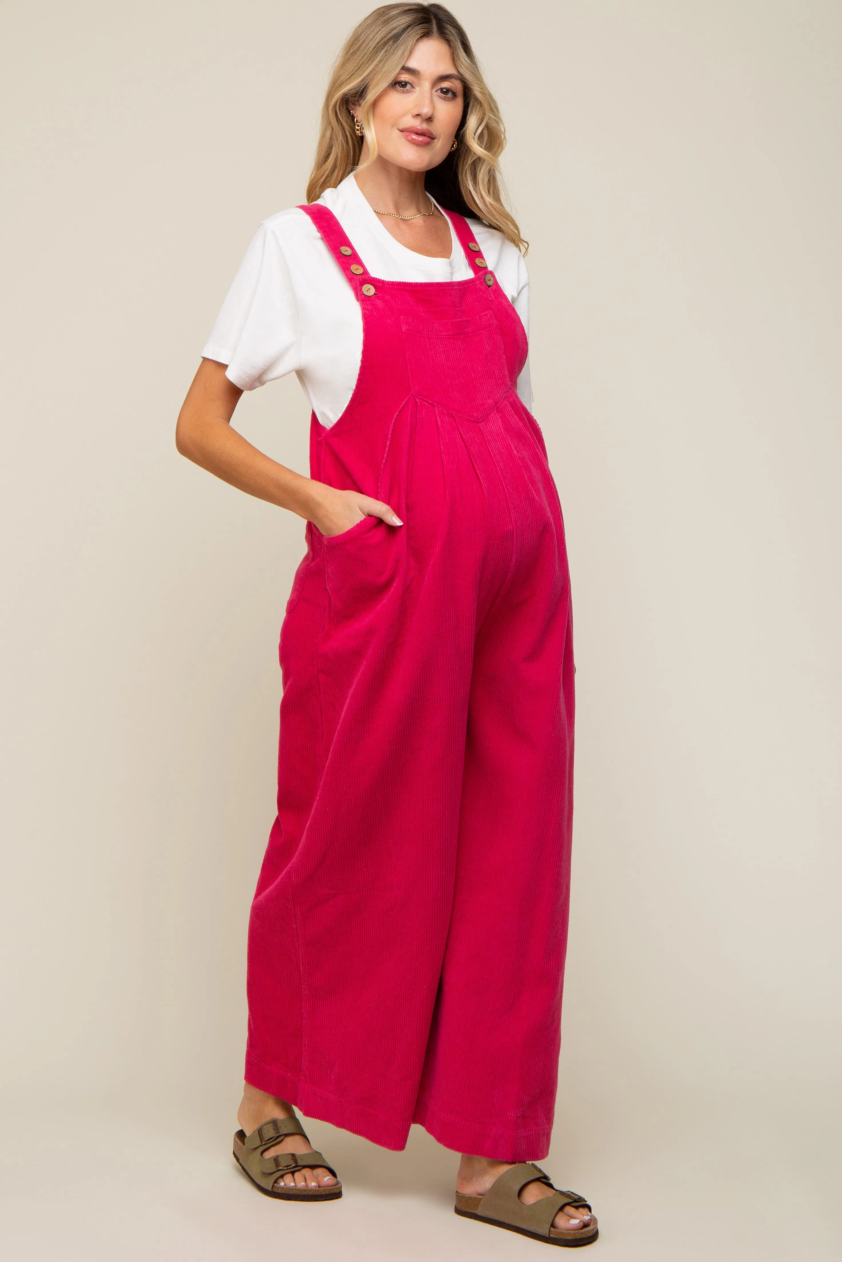 Fuchsia Corduroy Front Pleated Wide Leg Maternity Overalls sold by Pinkblush product image thumbnail 2