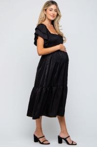 Black Satin Flutter Sleeve Maternity Midi Dress sold by Pinkblush