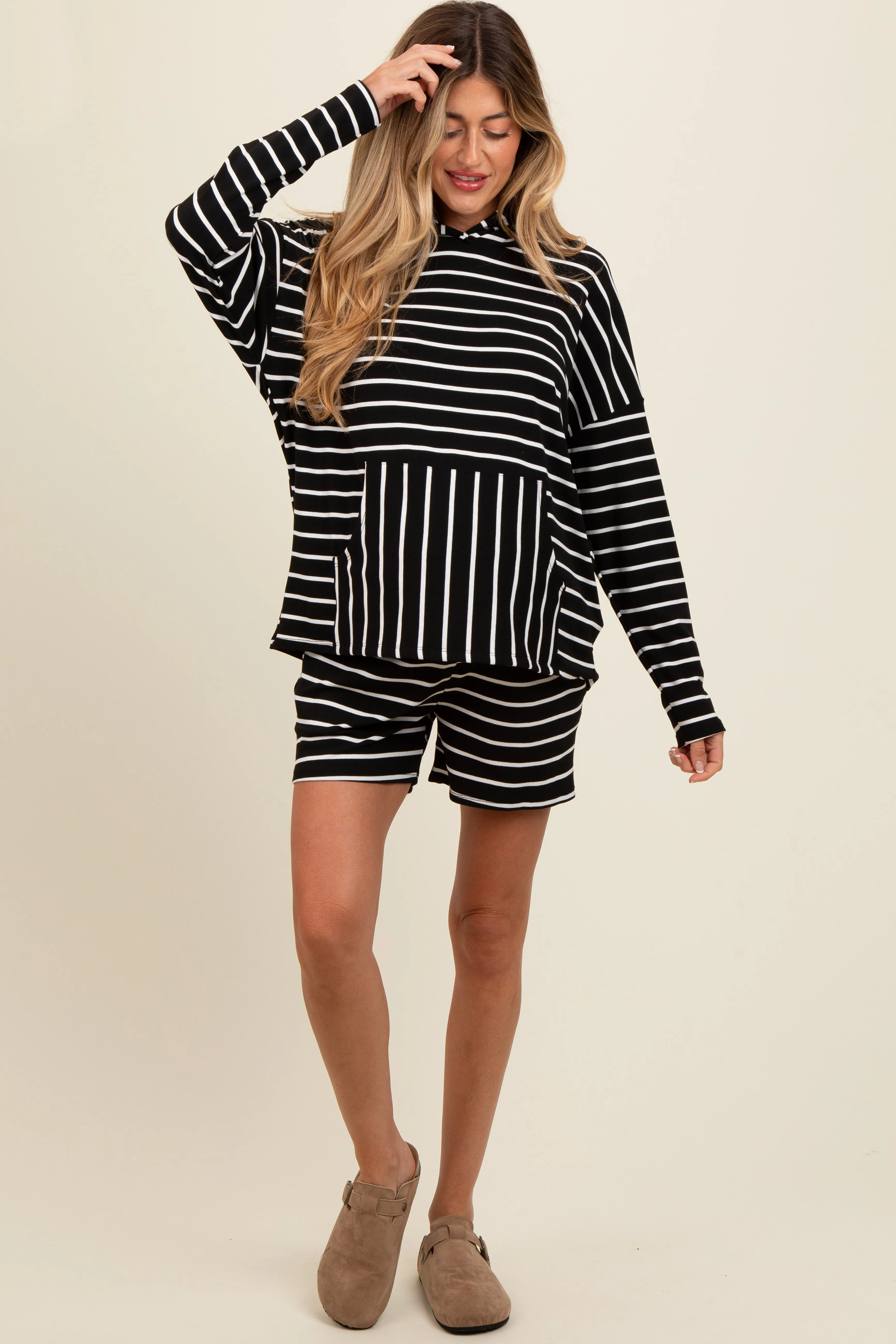 Black Cozy Striped Ribbed Two-Piece Maternity Lounge Set sold by Pinkblush product image thumbnail 2