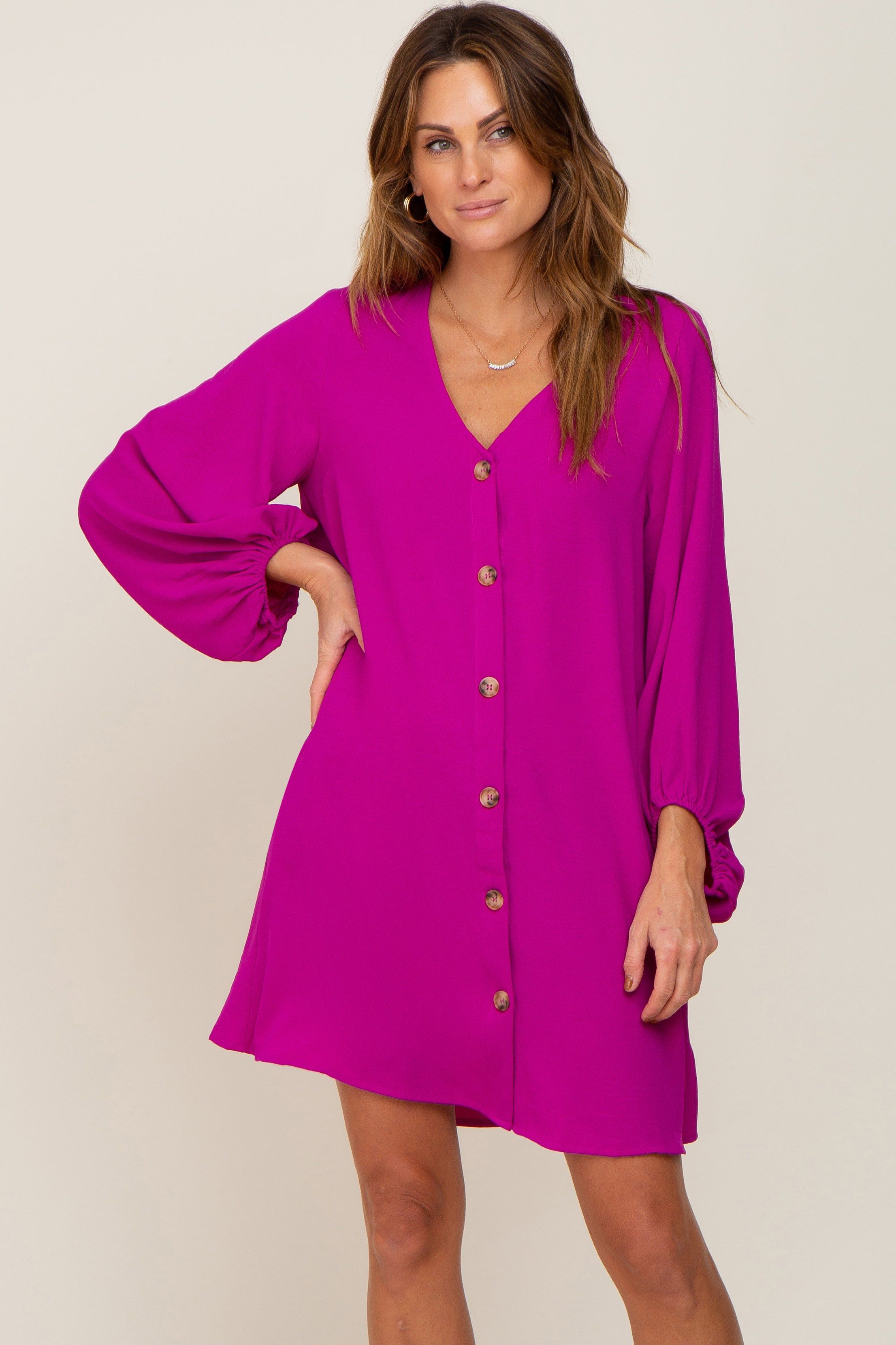 Magenta Button Front Balloon Sleeve Maternity Dress sold by Pinkblush product image thumbnail 5
