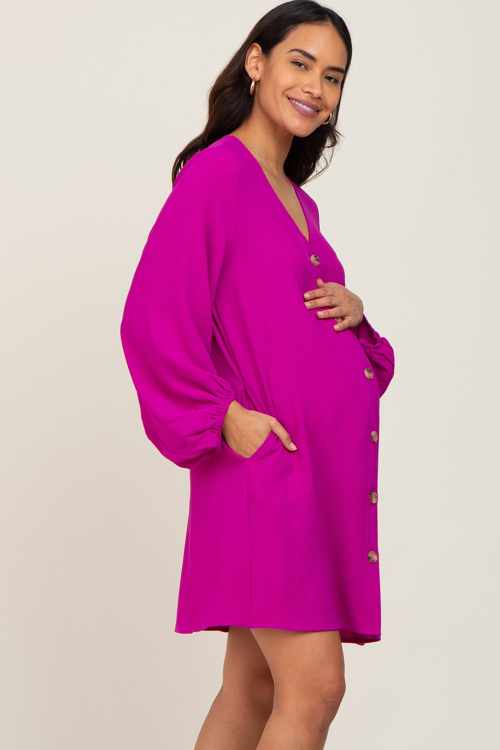 Magenta Button Front Balloon Sleeve Maternity Dress sold by Pinkblush product image thumbnail 2