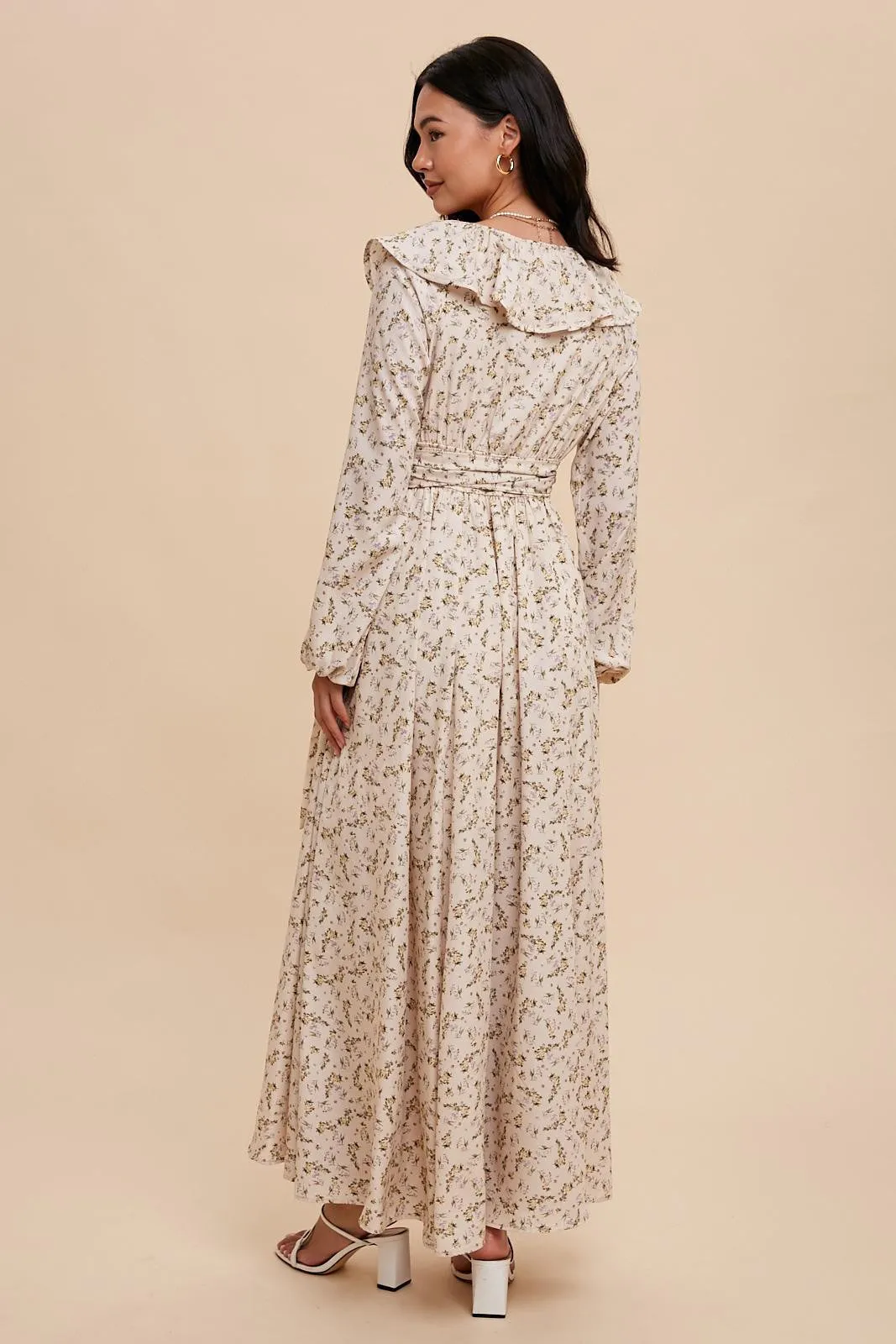 Cream Floral Ruffle V-Neck Wrap Front Maxi Dress sold by Pinkblush product image thumbnail 3
