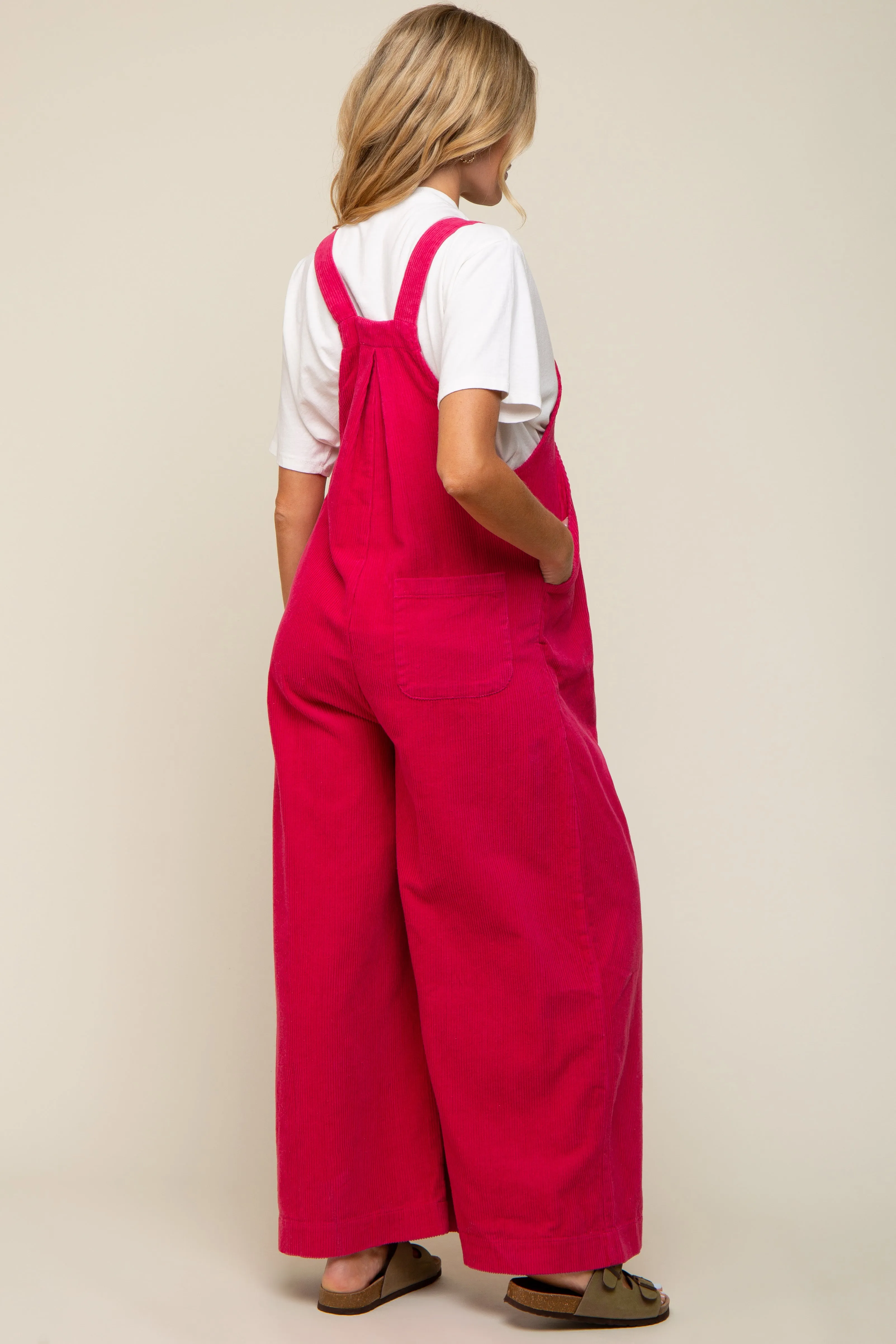 Fuchsia Corduroy Front Pleated Wide Leg Maternity Overalls sold by Pinkblush product image thumbnail 3