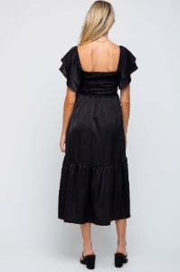 Black Satin Flutter Sleeve Maternity Midi Dress sold by Pinkblush