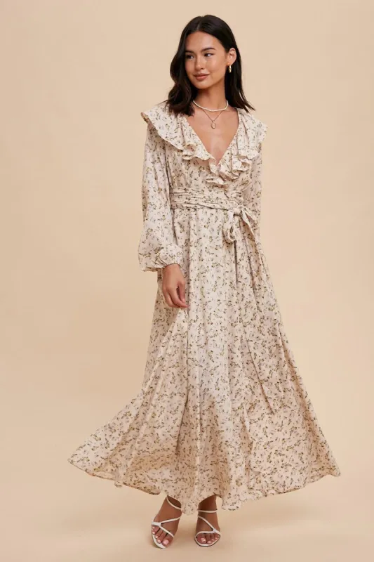 Cream Floral Ruffle V-Neck Wrap Front Maxi Dress sold by Pinkblush